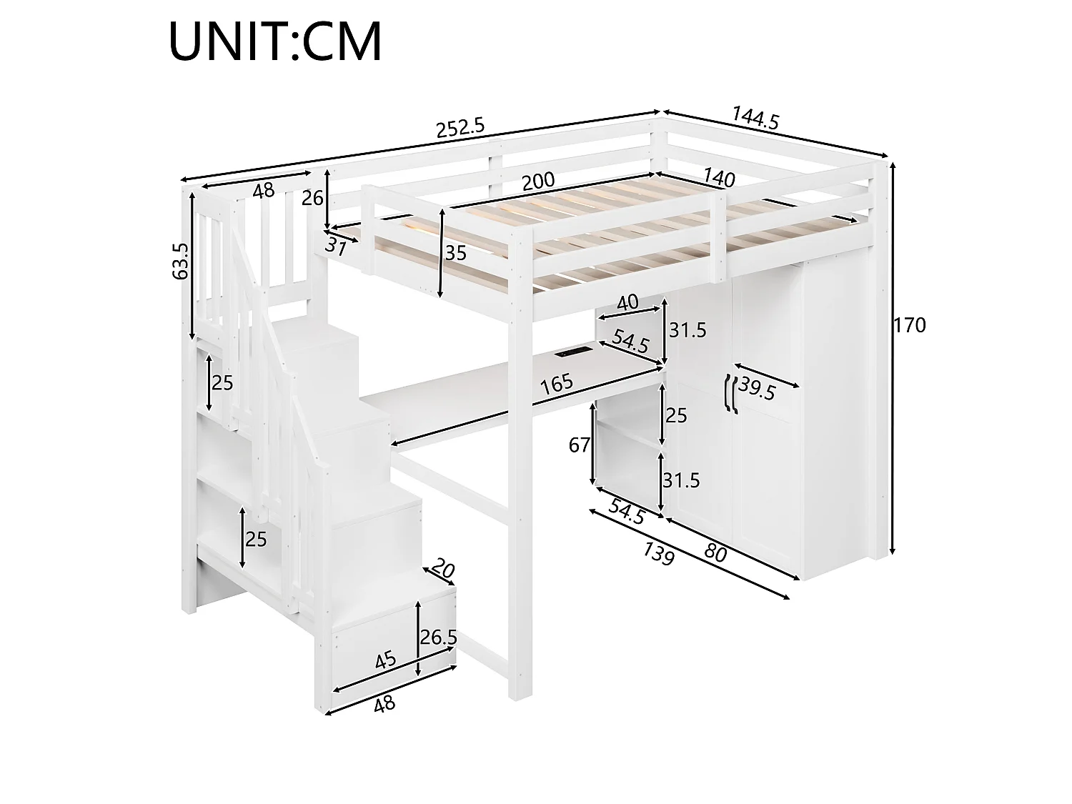 Loft bed 140 x 200 cm with desk, wardrobe and shelves - MDF + pine - LED lighting and USB port - White (mattress not included)