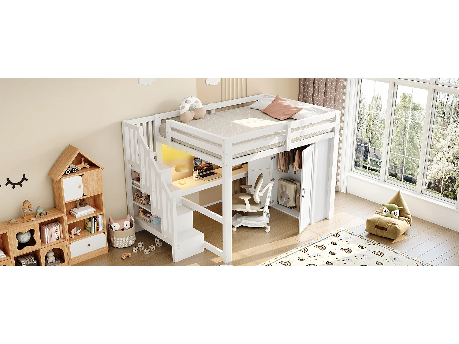 Loft bed 140 x 200 cm with desk, wardrobe and shelves - MDF + pine - LED lighting and USB port - White (mattress not included)