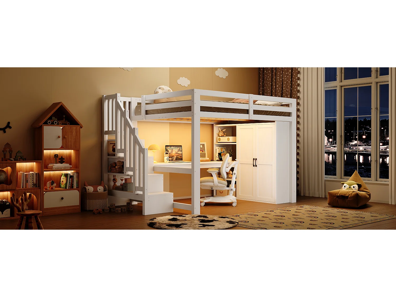 Loft bed 140 x 200 cm with desk, wardrobe and shelves - MDF + pine - LED lighting and USB port - White (mattress not included)