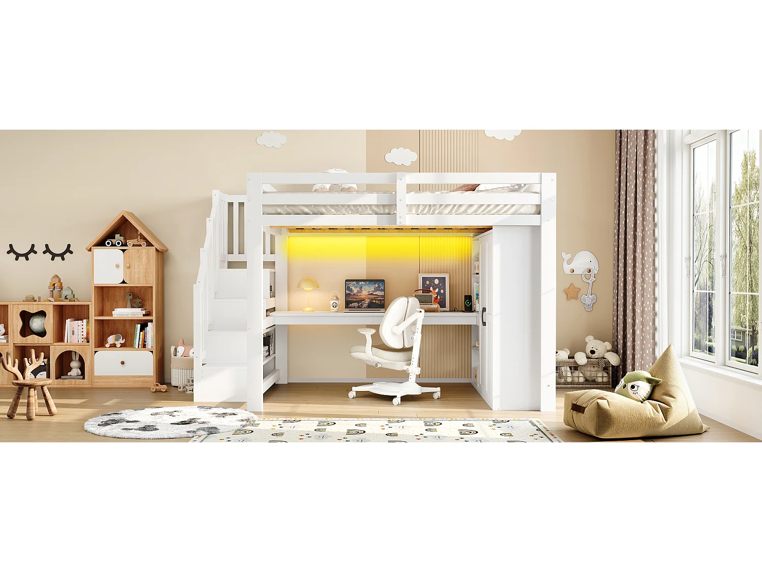 Loft bed 140 x 200 cm with desk, wardrobe and shelves - MDF + pine - LED lighting and USB port - White (mattress not included)