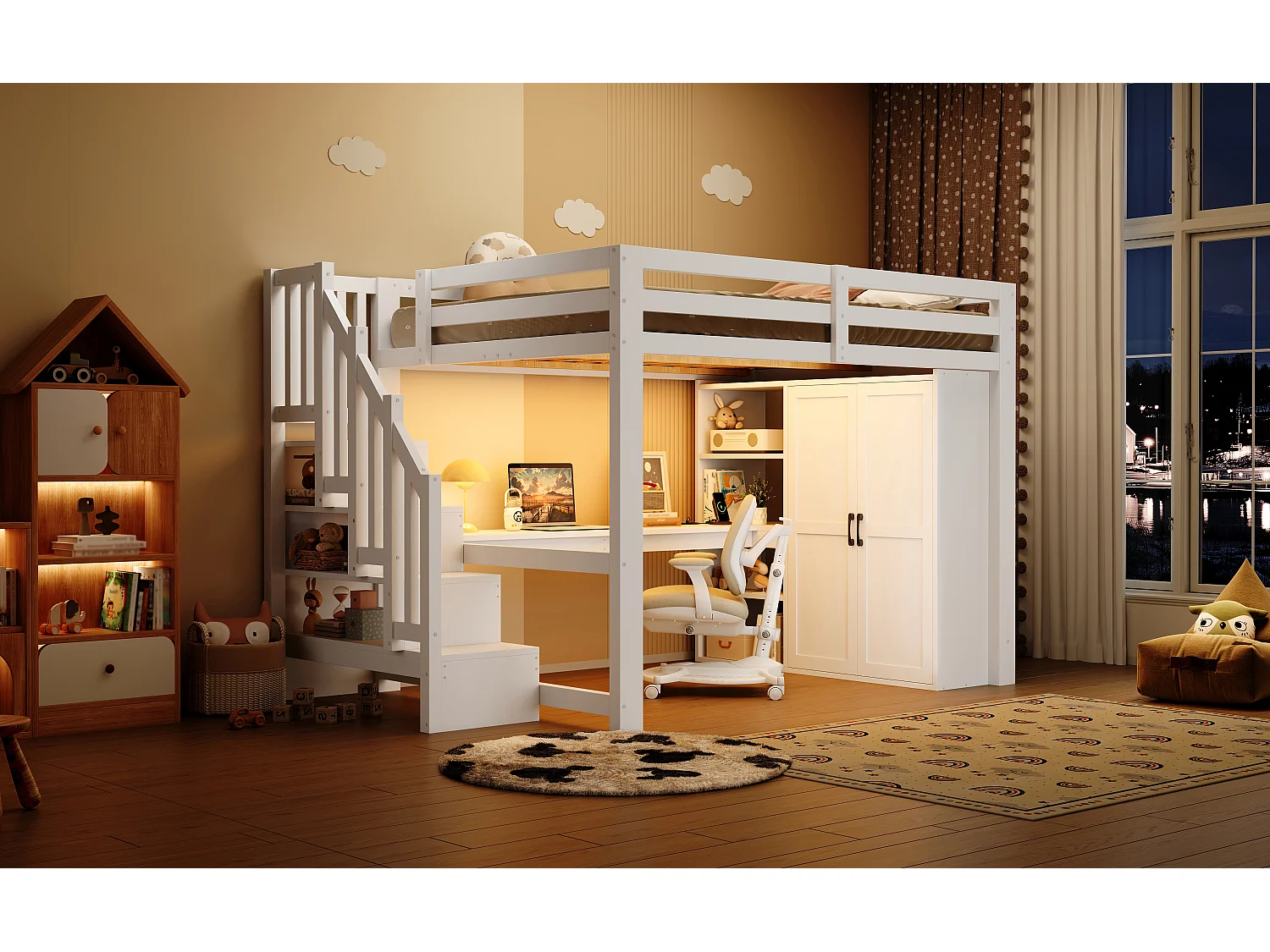 Loft bed 140 x 200 cm with desk, wardrobe and shelves - MDF + pine - LED lighting and USB port - White (mattress not included)