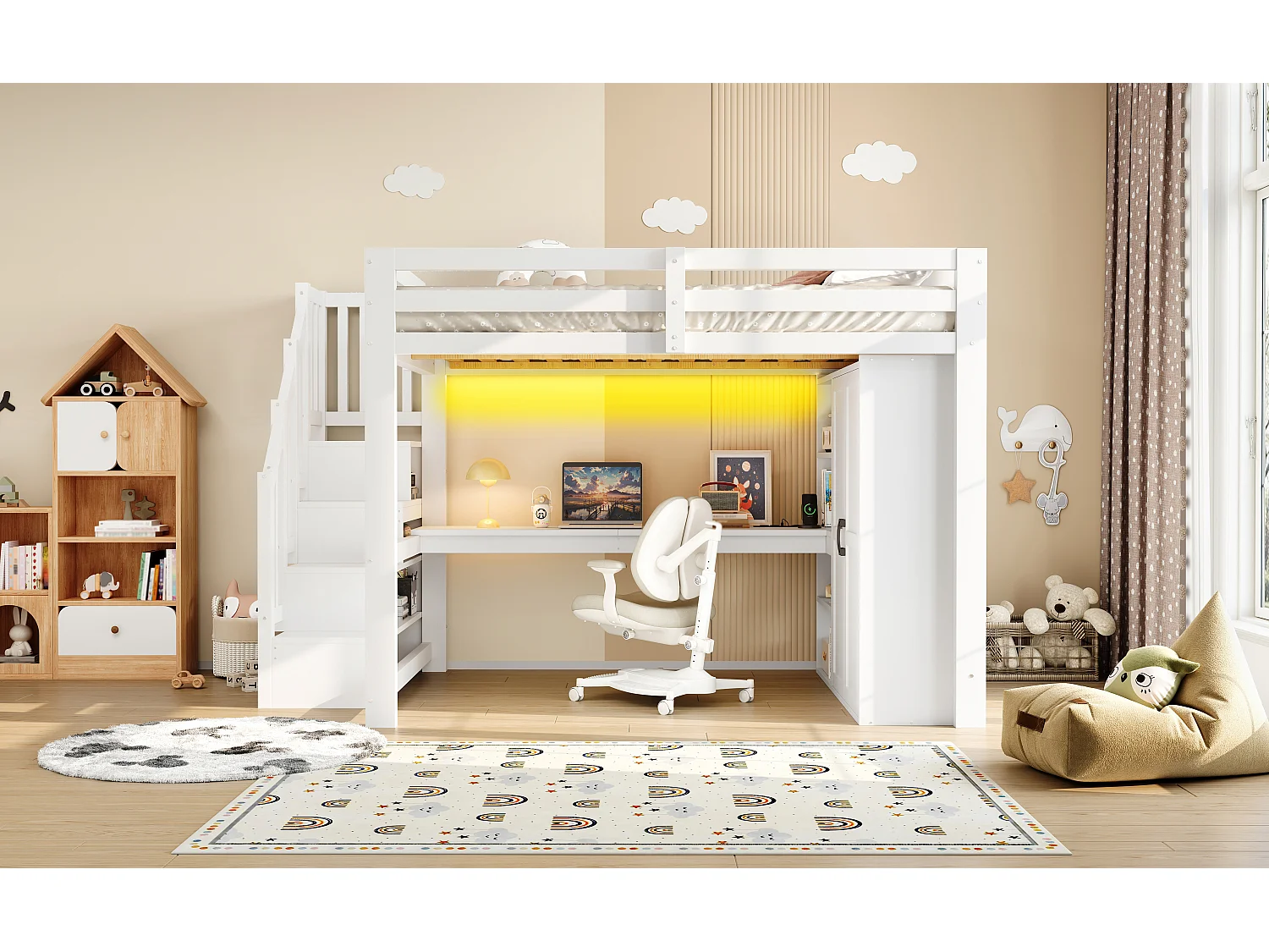 Loft bed 140 x 200 cm with desk, wardrobe and shelves - MDF + pine - LED lighting and USB port - White (mattress not included)