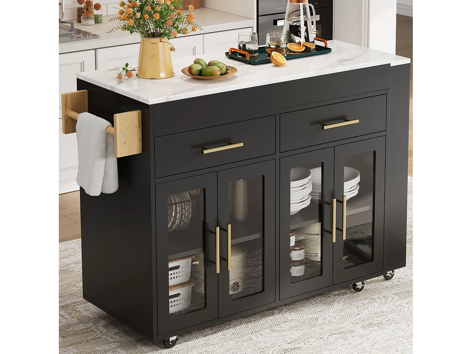 Ausziehbare Kücheninsel mit Stehtisch, 4 Glastüren und 2 Schubladen – 132,5 bis 217 x 50 x 93 cm – MDF – Schwarz-weiße Marmoroptik