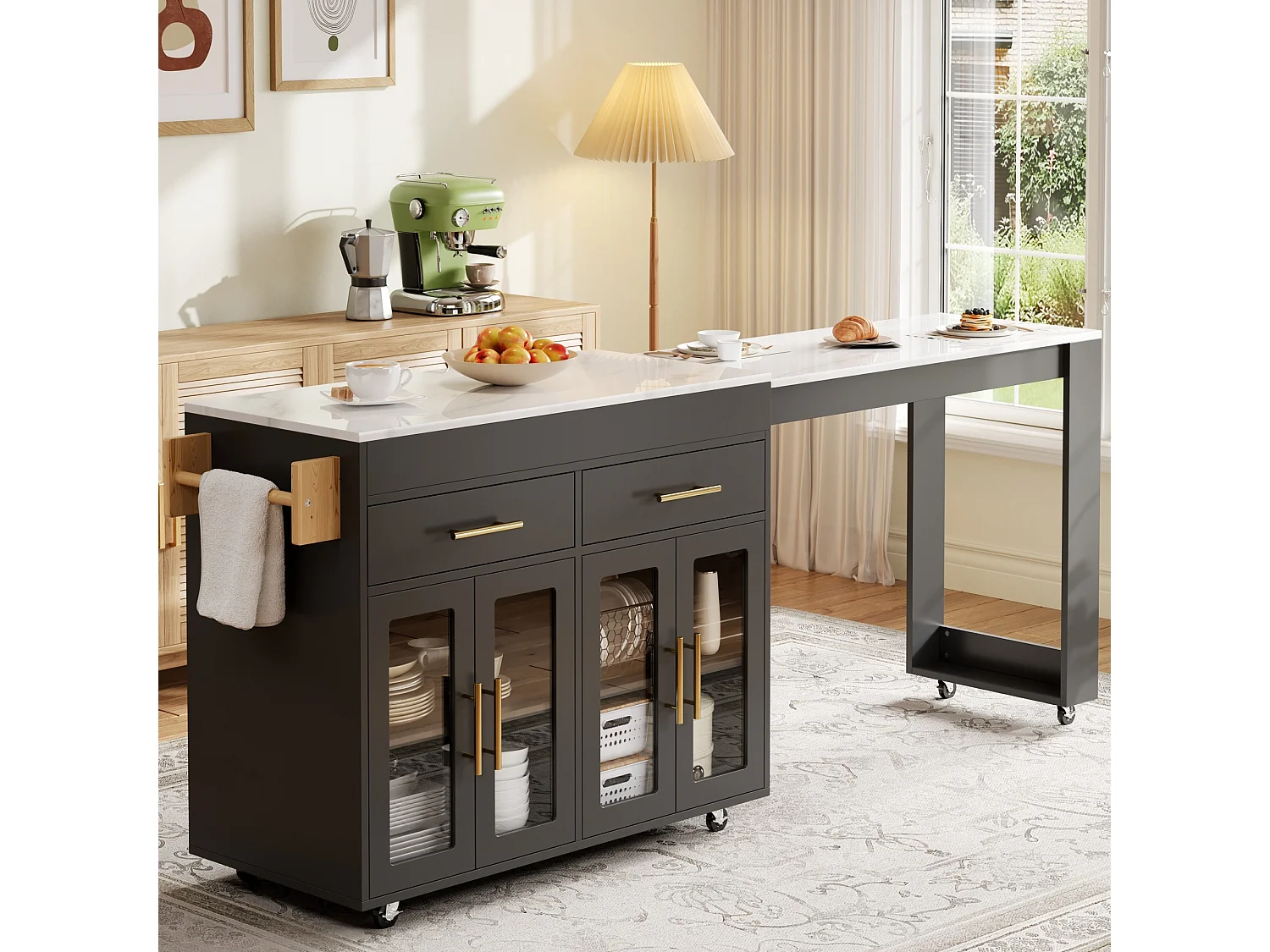 Ausziehbare Kücheninsel mit Stehtisch, 4 Glastüren und 2 Schubladen – 132,5 bis 217 x 50 x 93 cm – MDF – Schwarz-weiße Marmoroptik