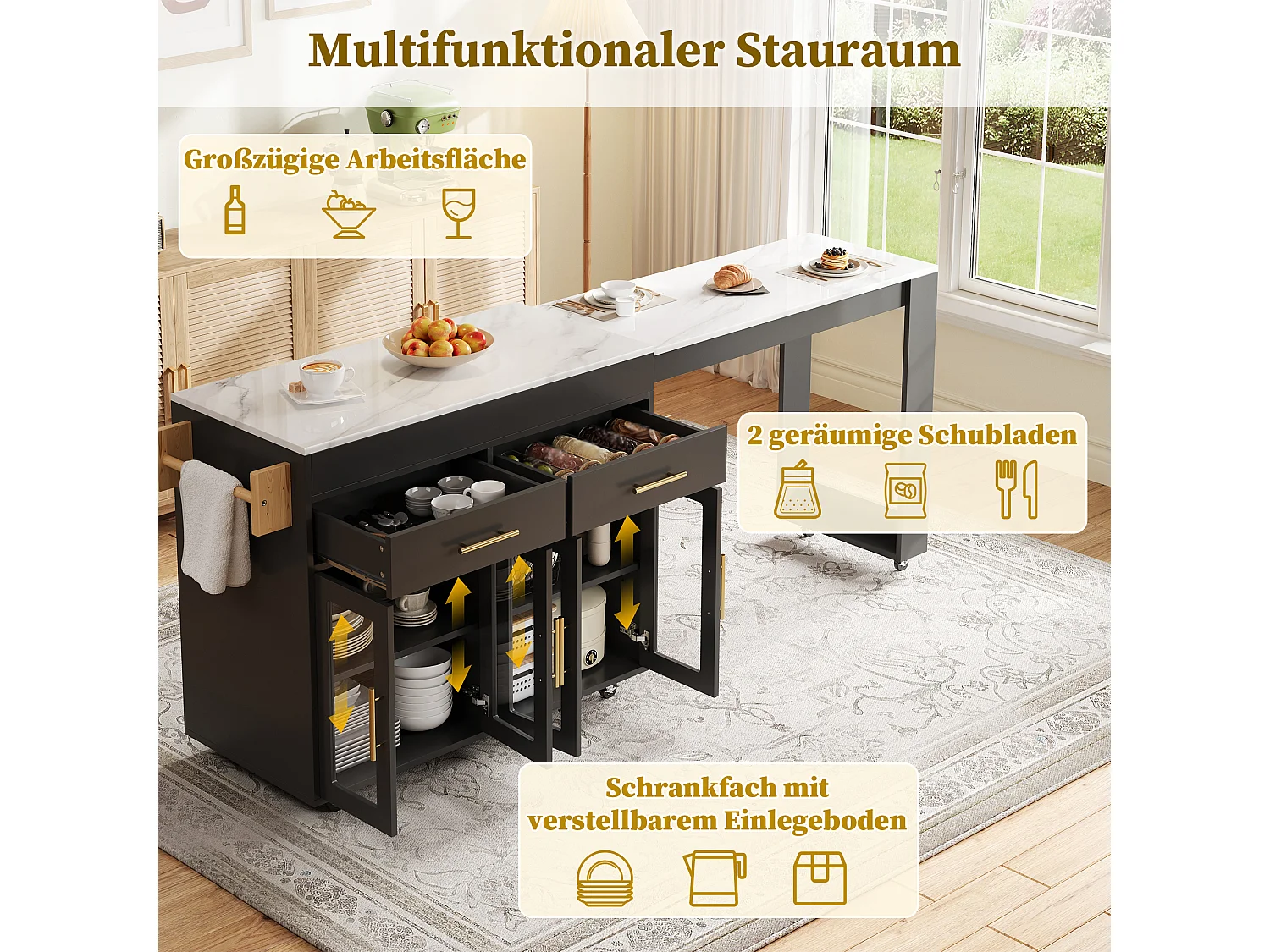 Ausziehbare Kücheninsel mit Stehtisch, 4 Glastüren und 2 Schubladen – 132,5 bis 217 x 50 x 93 cm – MDF – Schwarz-weiße Marmoroptik