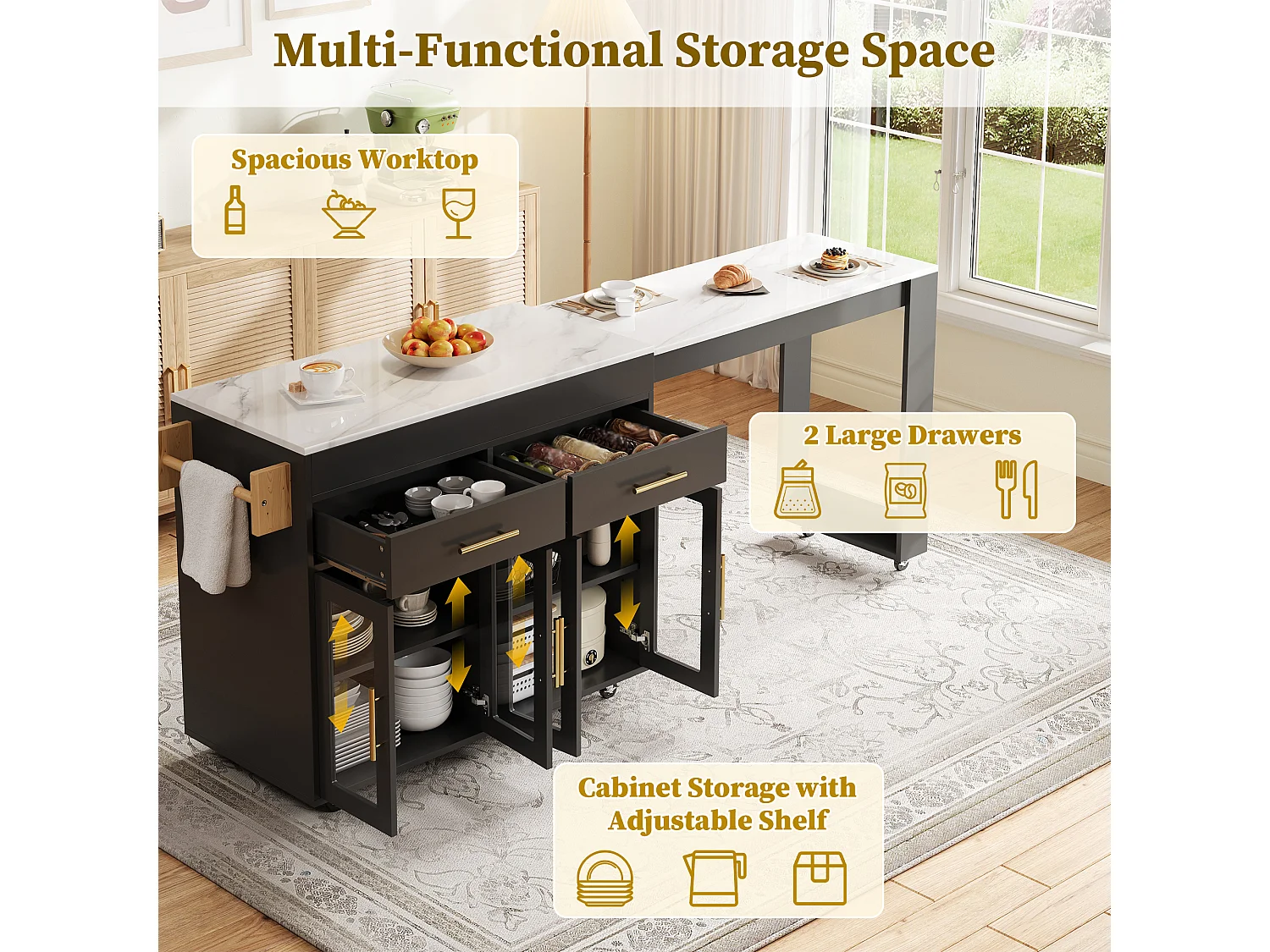 Ausziehbare Kücheninsel mit Stehtisch, 4 Glastüren und 2 Schubladen – 132,5 bis 217 x 50 x 93 cm – MDF – Schwarz-weiße Marmoroptik