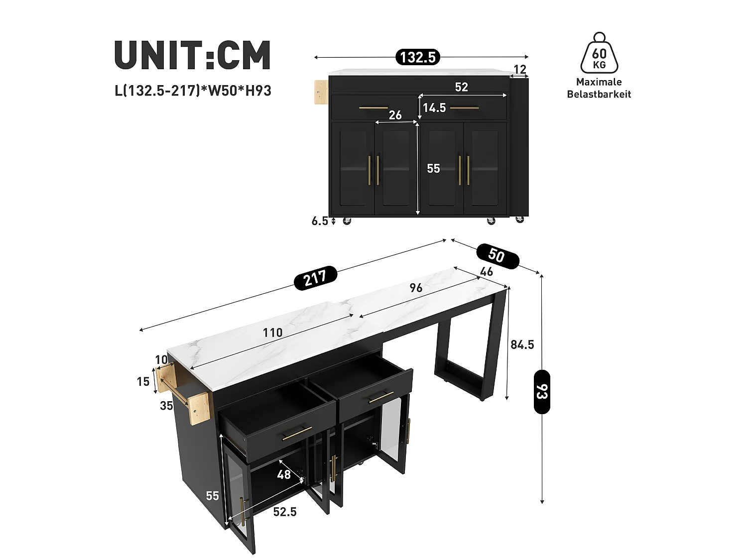 Ausziehbare Kücheninsel mit Stehtisch, 4 Glastüren und 2 Schubladen – 132,5 bis 217 x 50 x 93 cm – MDF – Schwarz-weiße Marmoroptik