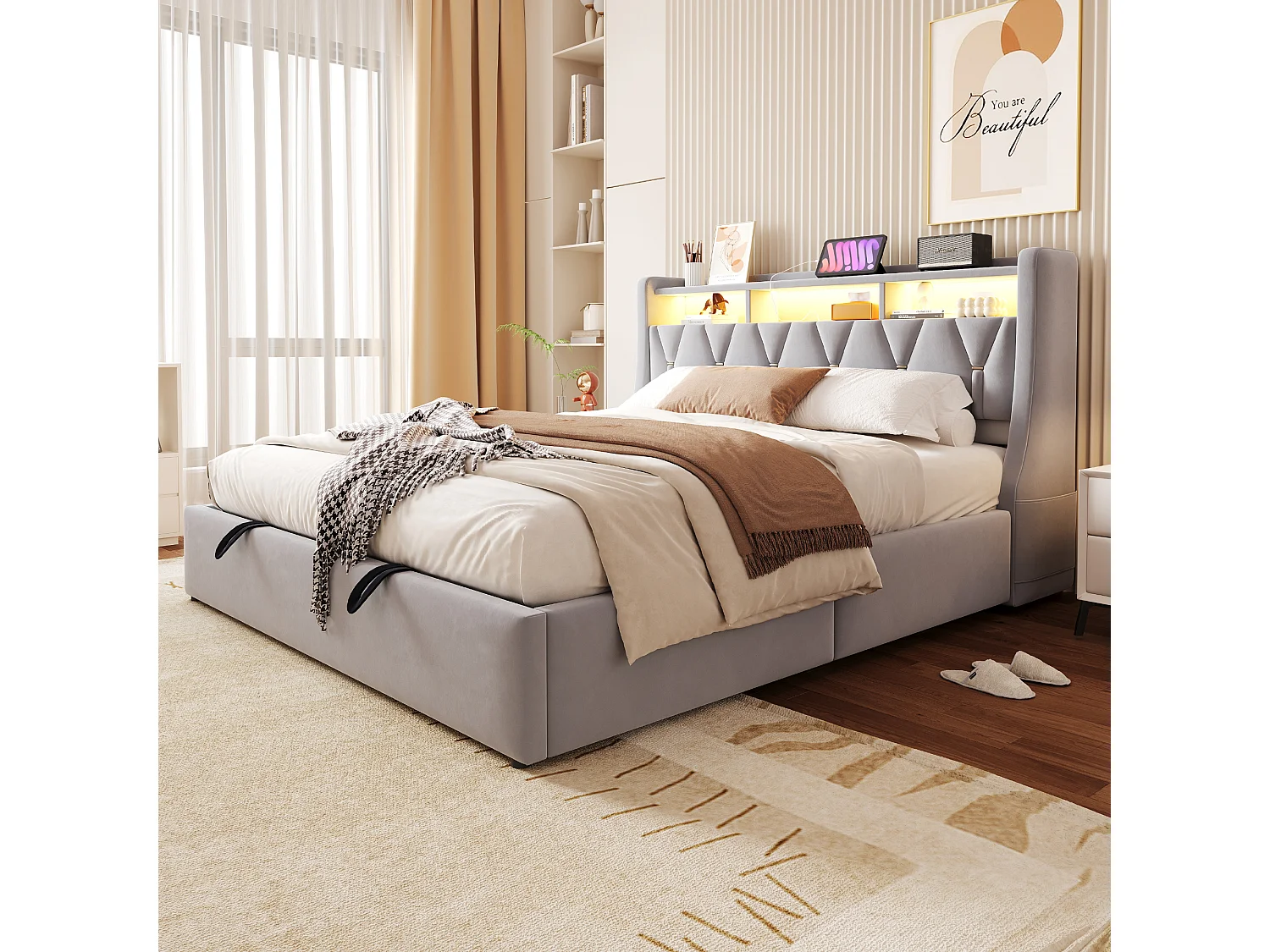 180 x 200 cm Bett mit Stauraum, Kopfteil, Steckdosen, USB Typ-C und LED-Beleuchtung - Samt - Hellgrau (Matratze nicht im Lieferumfang enthalten)