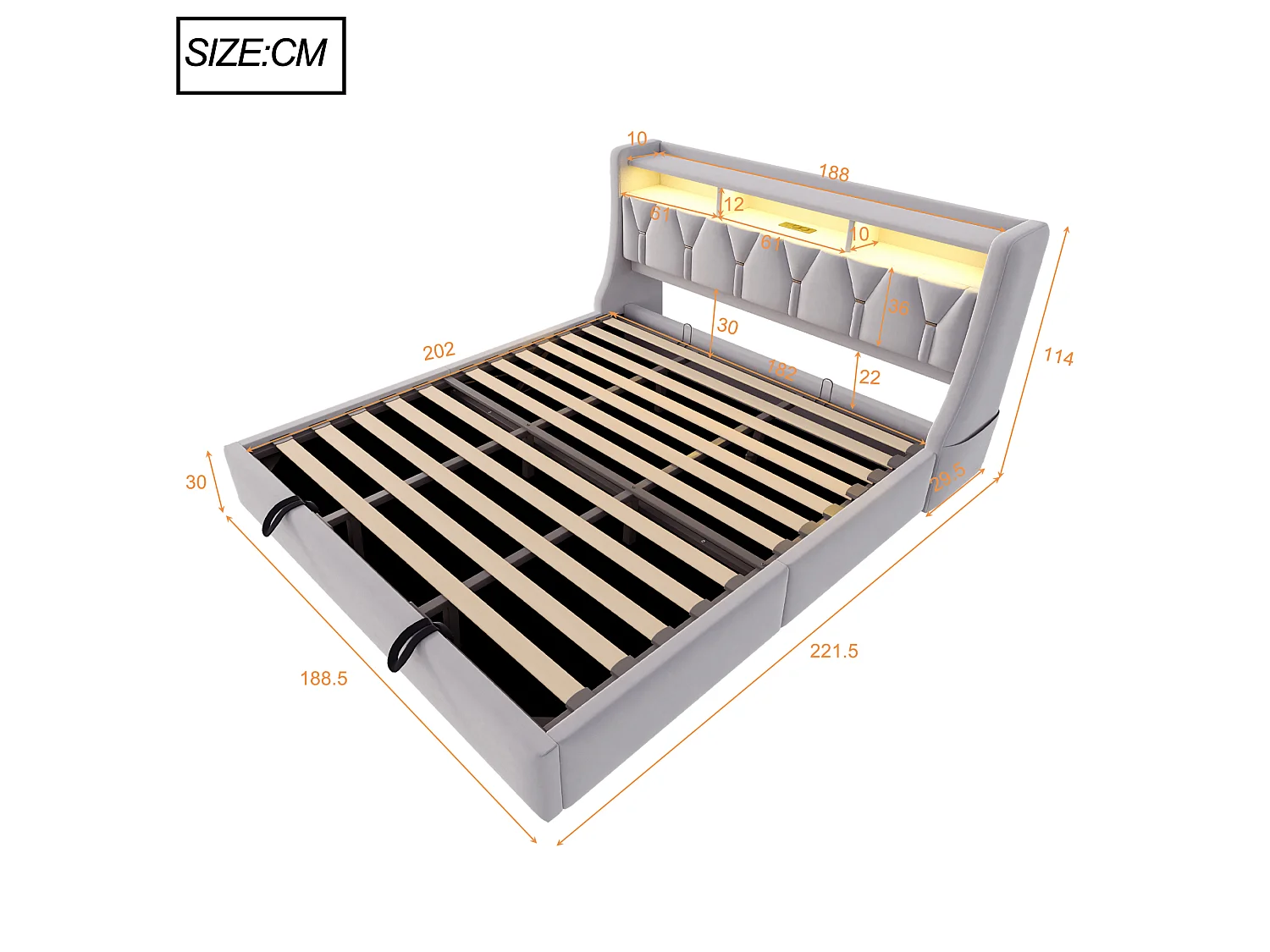 180 x 200 cm Bett mit Stauraum, Kopfteil, Steckdosen, USB Typ-C und LED-Beleuchtung - Samt - Hellgrau (Matratze nicht im Lieferumfang enthalten)