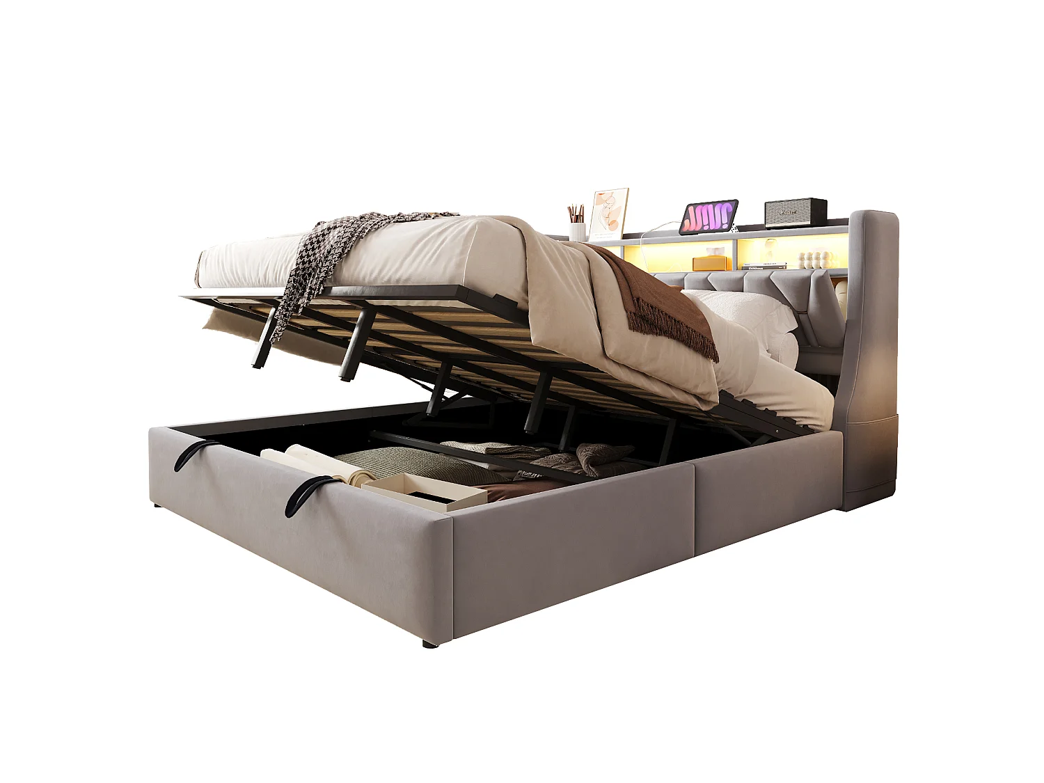180 x 200 cm Bett mit Stauraum, Kopfteil, Steckdosen, USB Typ-C und LED-Beleuchtung - Samt - Hellgrau (Matratze nicht im Lieferumfang enthalten)