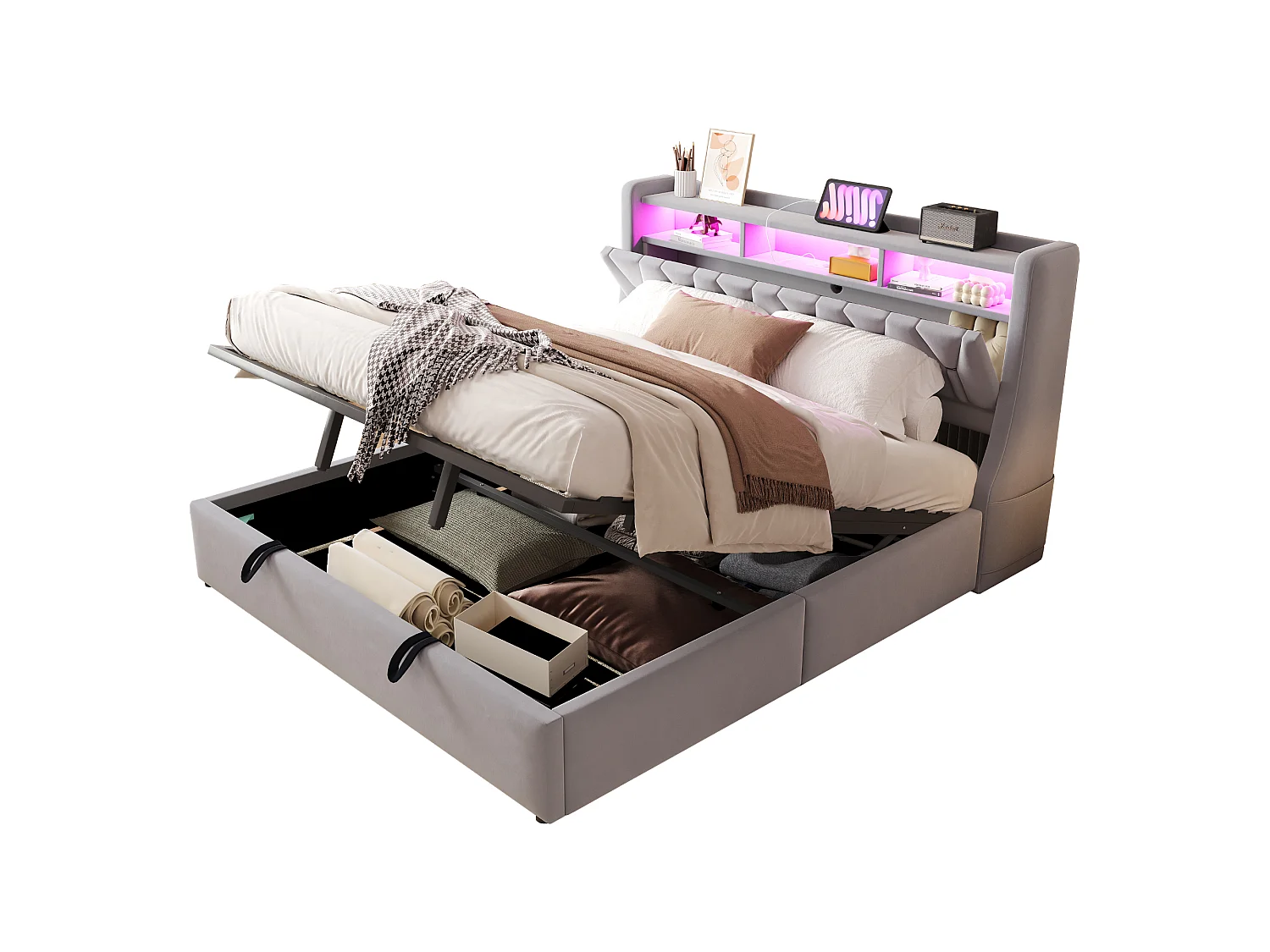 180 x 200 cm Bett mit Stauraum, Kopfteil, Steckdosen, USB Typ-C und LED-Beleuchtung - Samt - Hellgrau (Matratze nicht im Lieferumfang enthalten)