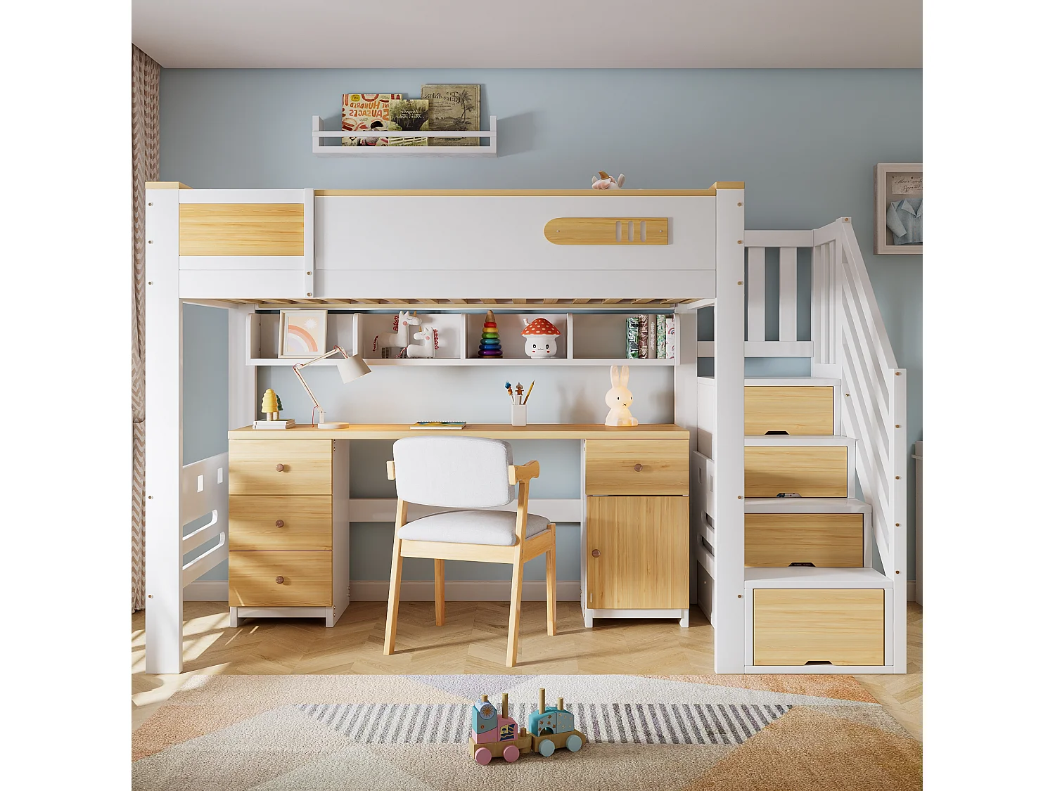 Hochbett 90 x 200 cm mit Schreibtisch, Stauraumtreppe und Hängeregal - Kiefer + MDF - Weiß + Naturholz (Matratze nicht im Lieferumfang enthalten)