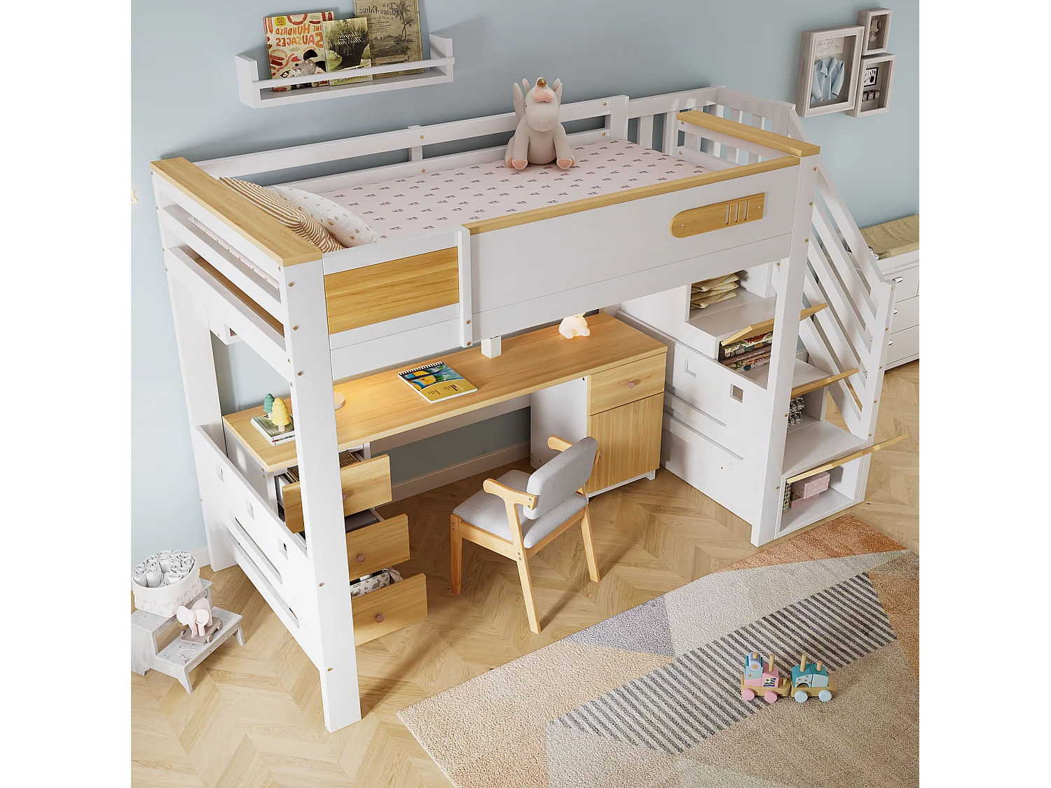Hochbett 90 x 200 cm mit Schreibtisch, Stauraumtreppe und Hängeregal - Kiefer + MDF - Weiß + Naturholz (Matratze nicht im Lieferumfang enthalten)