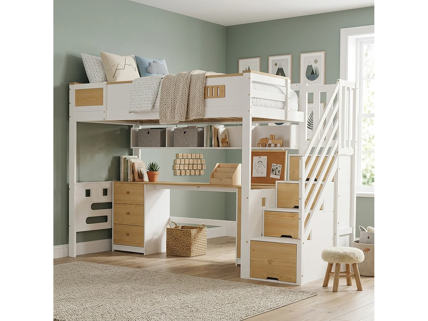 Hochbett 90 x 200 cm mit Schreibtisch, Stauraumtreppe und Hängeregal - Kiefer + MDF - Weiß + Naturholz (Matratze nicht im Lieferumfang enthalten)