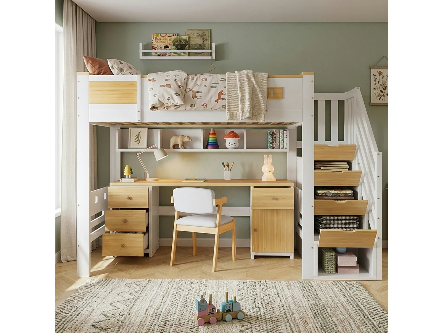 Hochbett 90 x 200 cm mit Schreibtisch, Stauraumtreppe und Hängeregal - Kiefer + MDF - Weiß + Naturholz (Matratze nicht im Lieferumfang enthalten)
