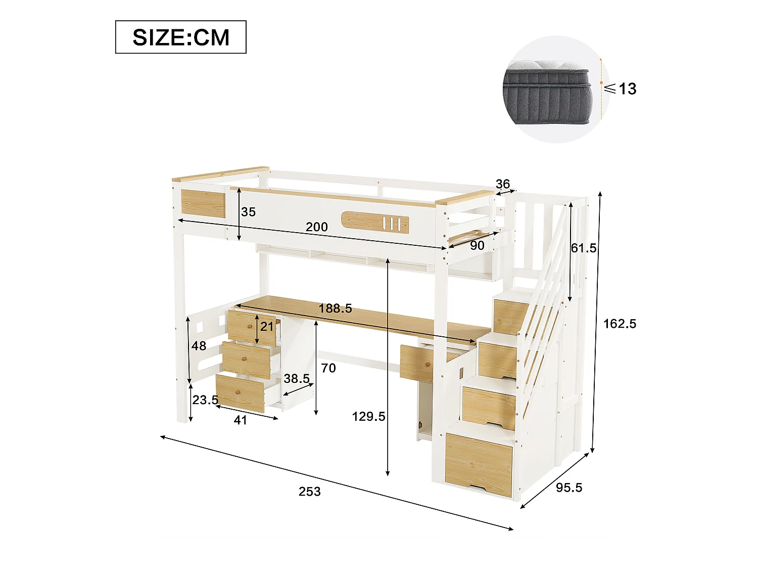 Hochbett 90 x 200 cm mit Schreibtisch, Stauraumtreppe und Hängeregal - Kiefer + MDF - Weiß + Naturholz (Matratze nicht im Lieferumfang enthalten)