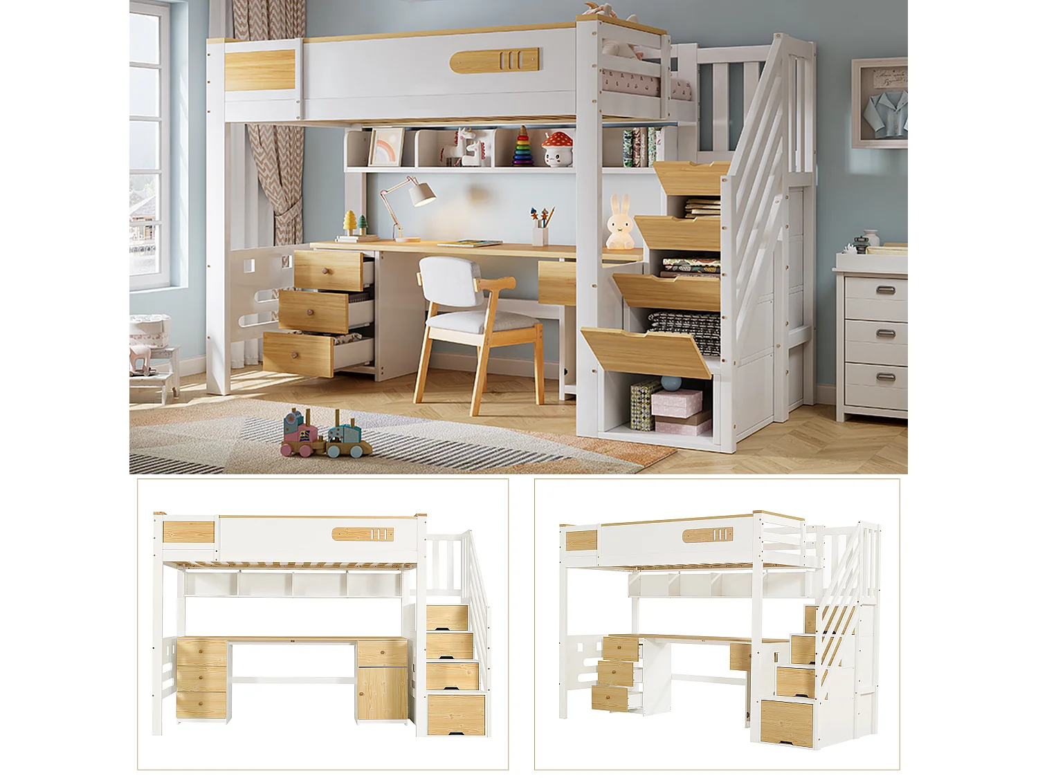 Hochbett 90 x 200 cm mit Schreibtisch, Stauraumtreppe und Hängeregal - Kiefer + MDF - Weiß + Naturholz (Matratze nicht im Lieferumfang enthalten)