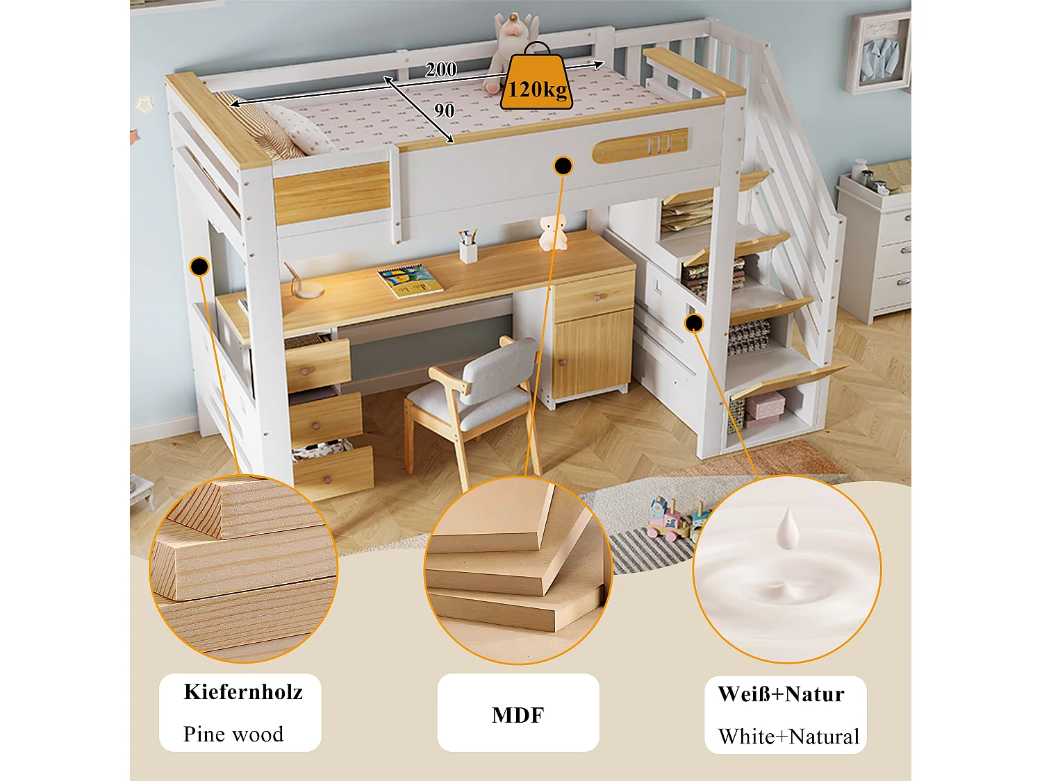 Hochbett 90 x 200 cm mit Schreibtisch, Stauraumtreppe und Hängeregal - Kiefer + MDF - Weiß + Naturholz (Matratze nicht im Lieferumfang enthalten)