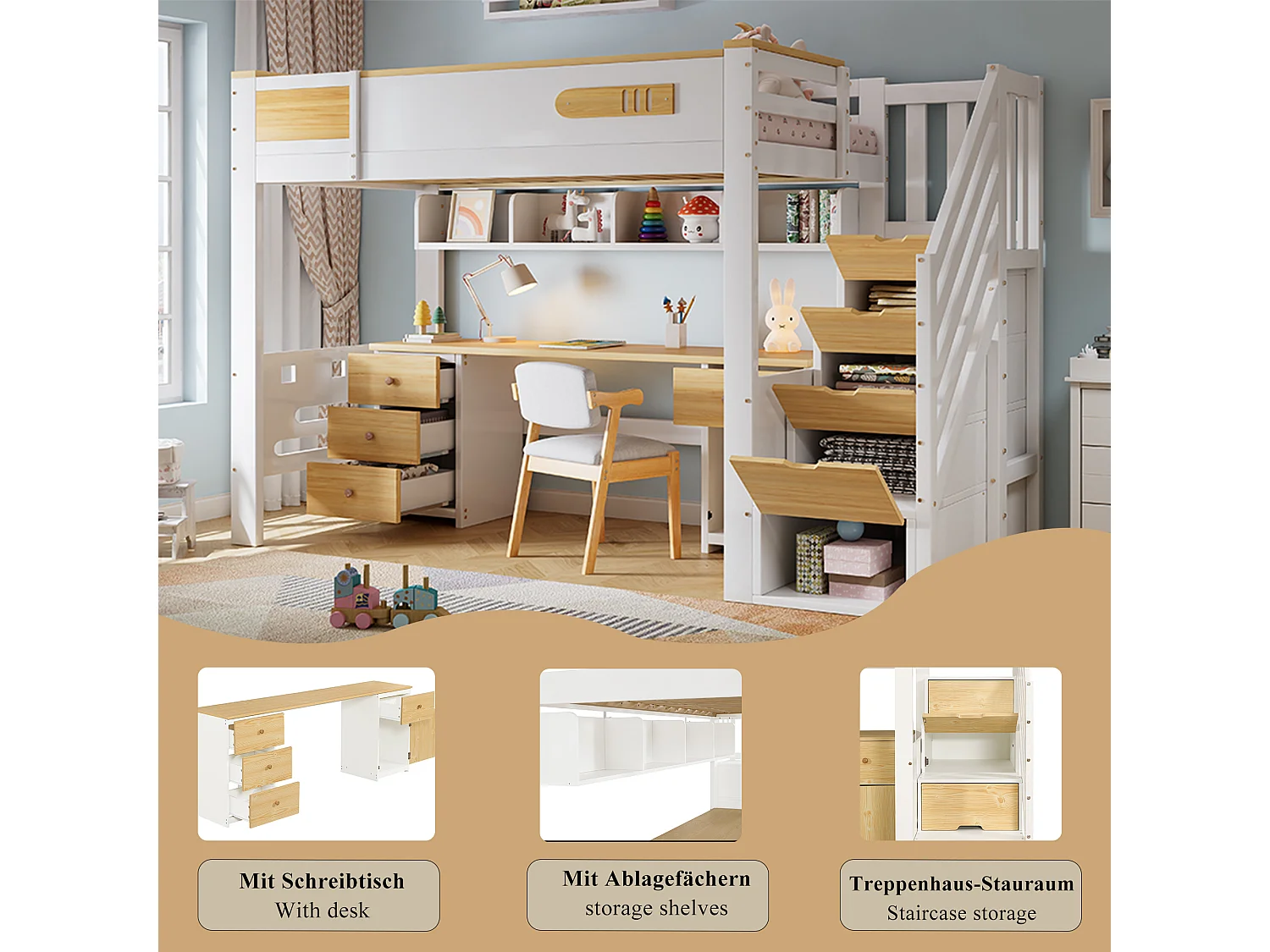 Hochbett 90 x 200 cm mit Schreibtisch, Stauraumtreppe und Hängeregal - Kiefer + MDF - Weiß + Naturholz (Matratze nicht im Lieferumfang enthalten)