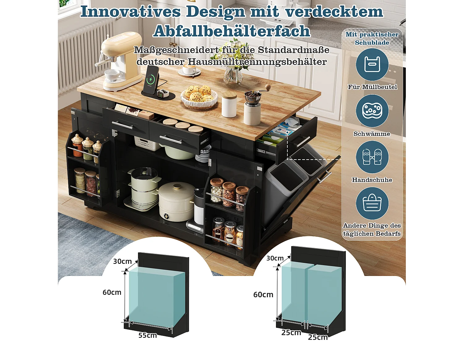 Mobil køkkenø med nedfældbar top, USB/USB-C porte - 2 døre og 2 skuffer - 138 x 56/86 x 92 cm - MDF - Sort og naturlig