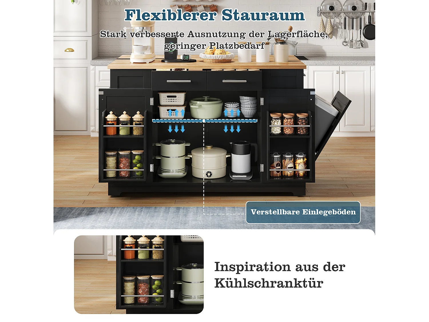 Mobil køkkenø med nedfældbar top, USB/USB-C porte - 2 døre og 2 skuffer - 138 x 56/86 x 92 cm - MDF - Sort og naturlig