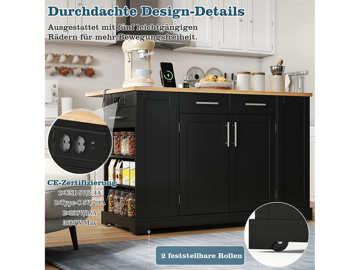 Mobil køkkenø med nedfældbar top, USB/USB-C porte - 2 døre og 2 skuffer - 138 x 56/86 x 92 cm - MDF - Sort og naturlig