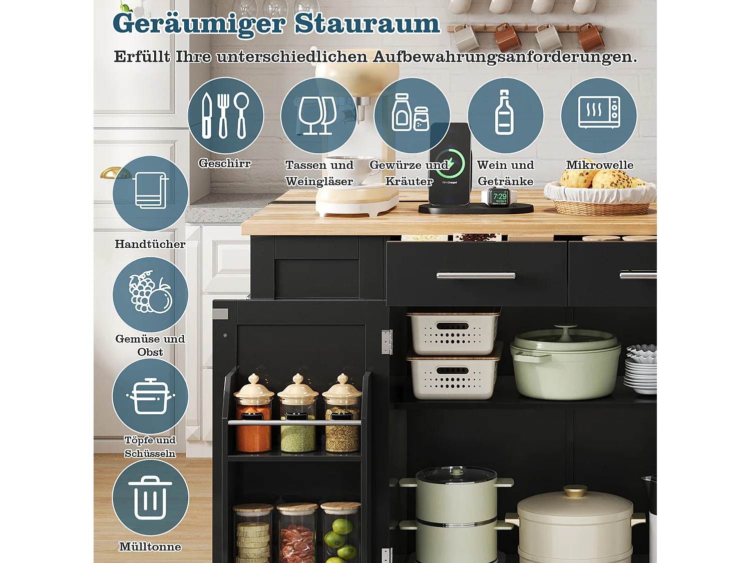 Mobil køkkenø med nedfældbar top, USB/USB-C porte - 2 døre og 2 skuffer - 138 x 56/86 x 92 cm - MDF - Sort og naturlig