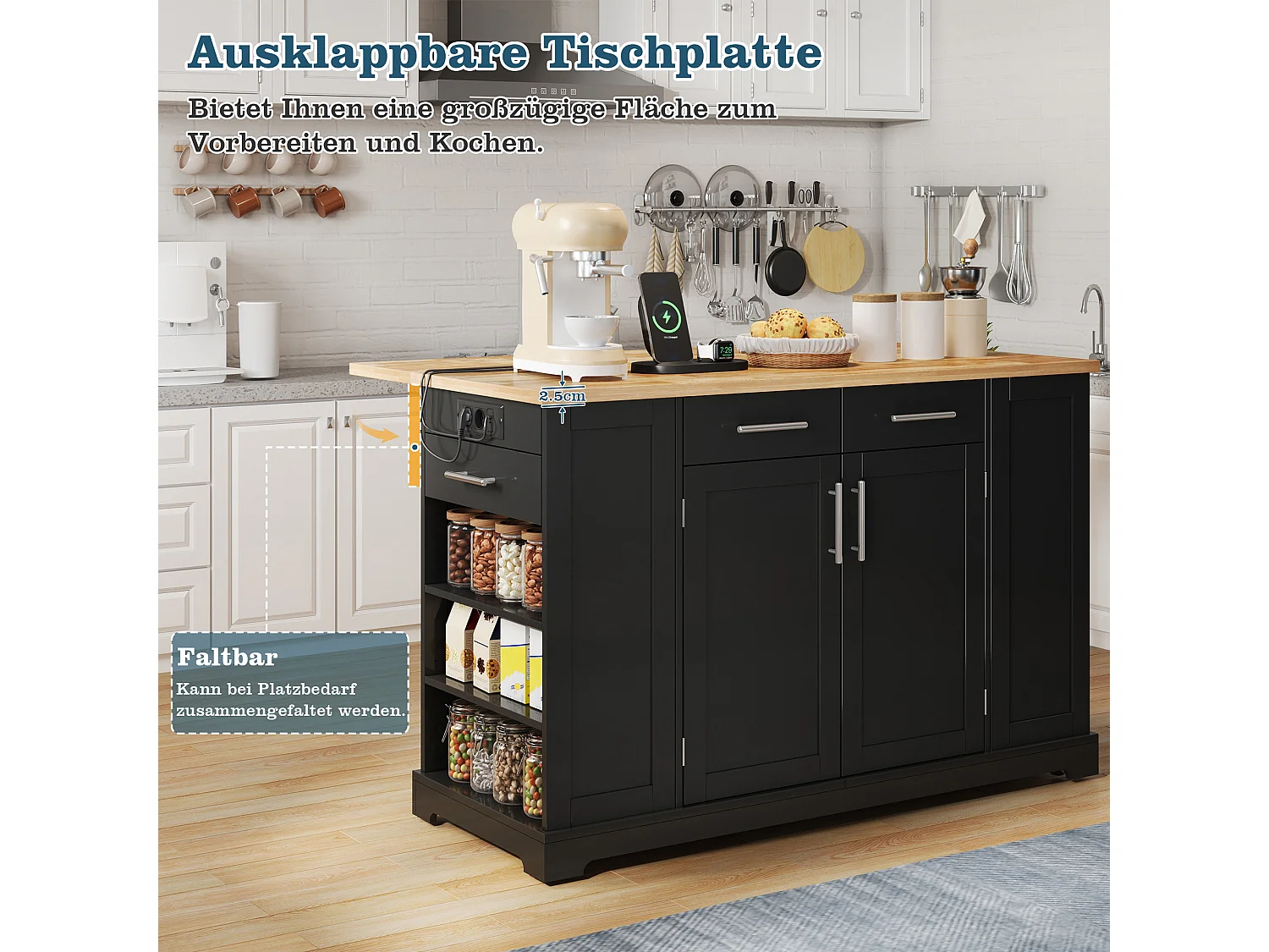 Mobil køkkenø med nedfældbar top, USB/USB-C porte - 2 døre og 2 skuffer - 138 x 56/86 x 92 cm - MDF - Sort og naturlig