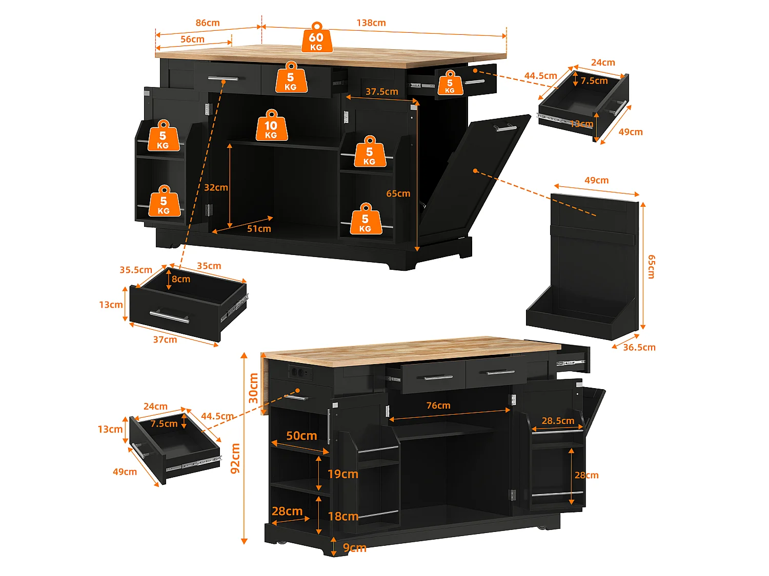Mobil køkkenø med nedfældbar top, USB/USB-C porte - 2 døre og 2 skuffer - 138 x 56/86 x 92 cm - MDF - Sort og naturlig