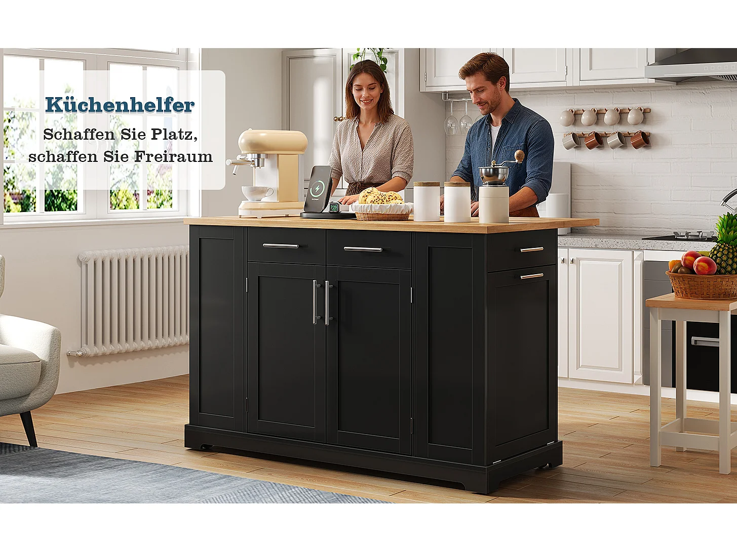 Mobil køkkenø med nedfældbar top, USB/USB-C porte - 2 døre og 2 skuffer - 138 x 56/86 x 92 cm - MDF - Sort og naturlig
