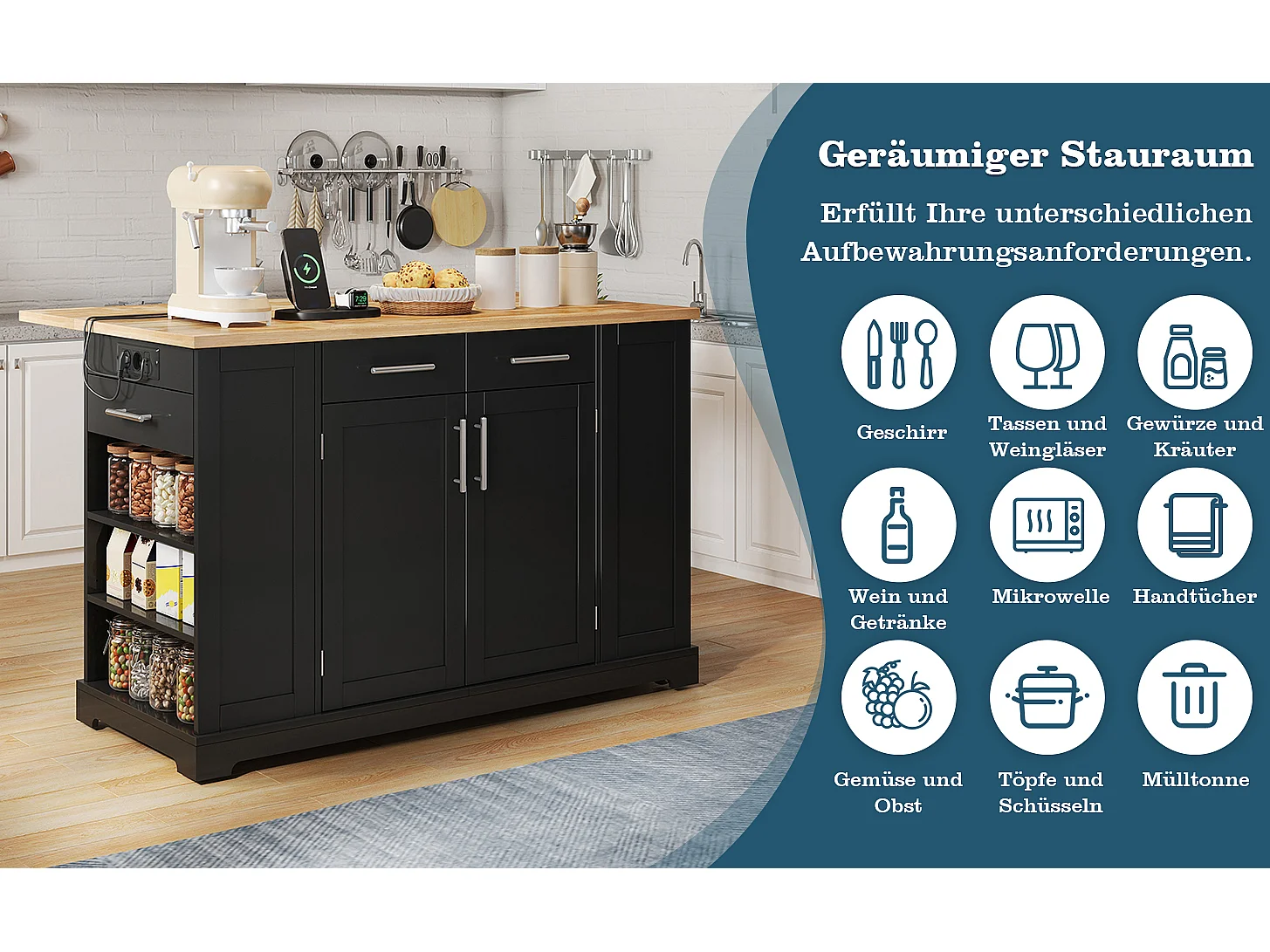 Mobil køkkenø med nedfældbar top, USB/USB-C porte - 2 døre og 2 skuffer - 138 x 56/86 x 92 cm - MDF - Sort og naturlig