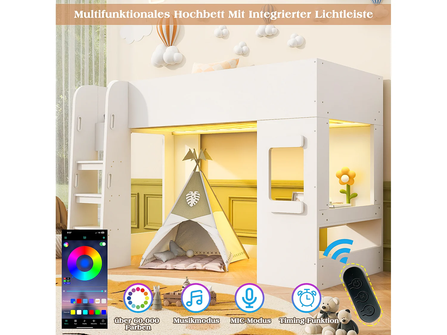 Loftsäng 90 x 200 cm med skrivbord, LED-belysning, säkerhetsräcken och stege med ledstång - MDF - Vit (Madrass ingår ej)