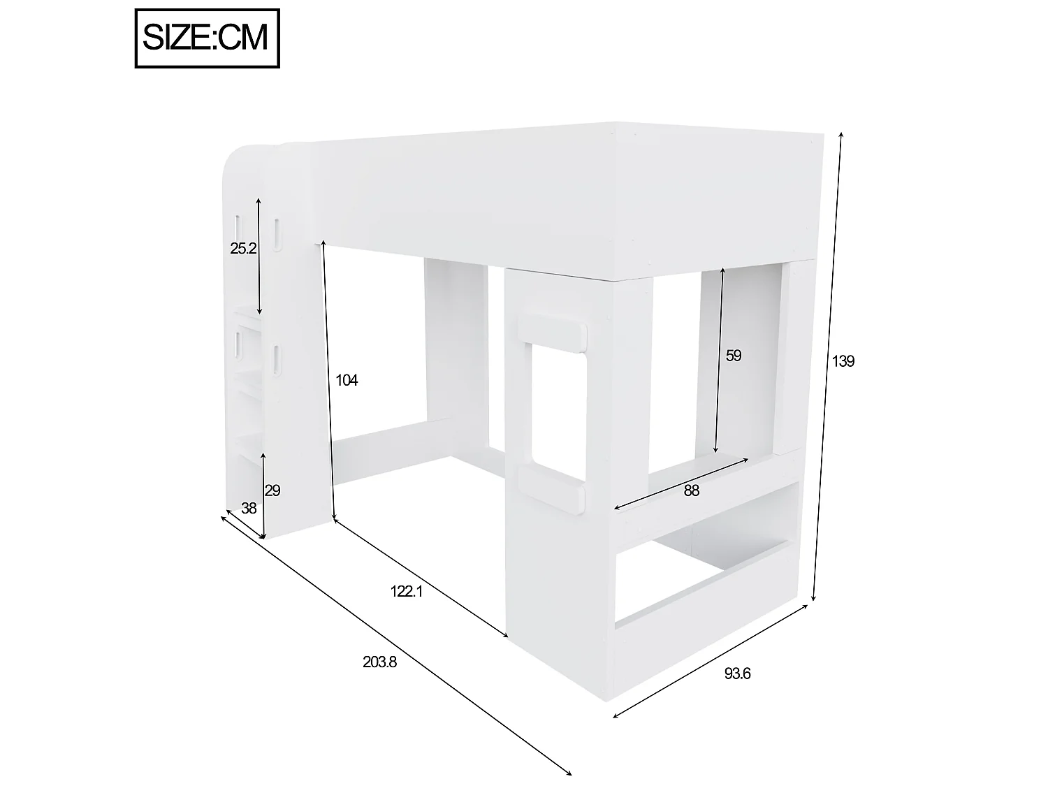 Loftsäng 90 x 200 cm med skrivbord, LED-belysning, säkerhetsräcken och stege med ledstång - MDF - Vit (Madrass ingår ej)