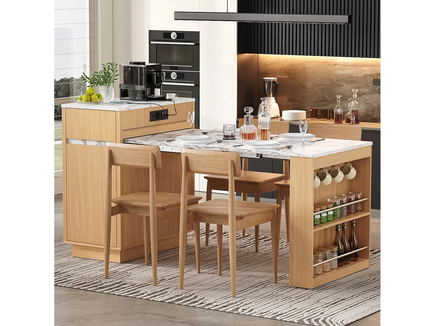 Isola cucina mobile estensibile con illuminazione a LED, stazione di ricarica, ganci, 1 anta e 2 cassetti – 58–154 x 80,5 x 94 cm – MDF – Naturale