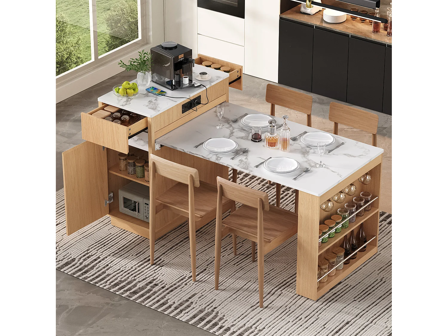Isola cucina mobile estensibile con illuminazione a LED, stazione di ricarica, ganci, 1 anta e 2 cassetti – 58–154 x 80,5 x 94 cm – MDF – Naturale