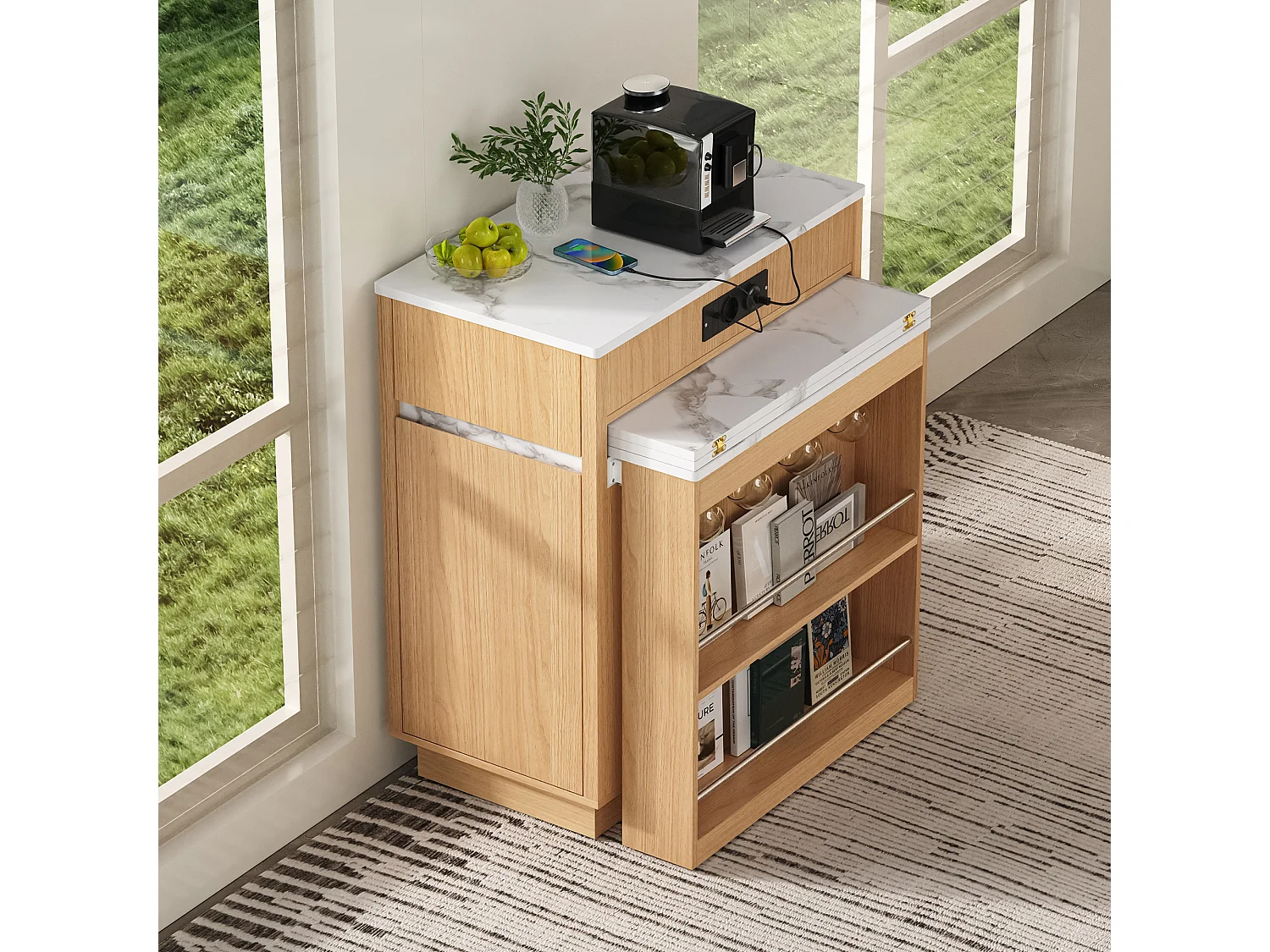 Isola cucina mobile estensibile con illuminazione a LED, stazione di ricarica, ganci, 1 anta e 2 cassetti – 58–154 x 80,5 x 94 cm – MDF – Naturale