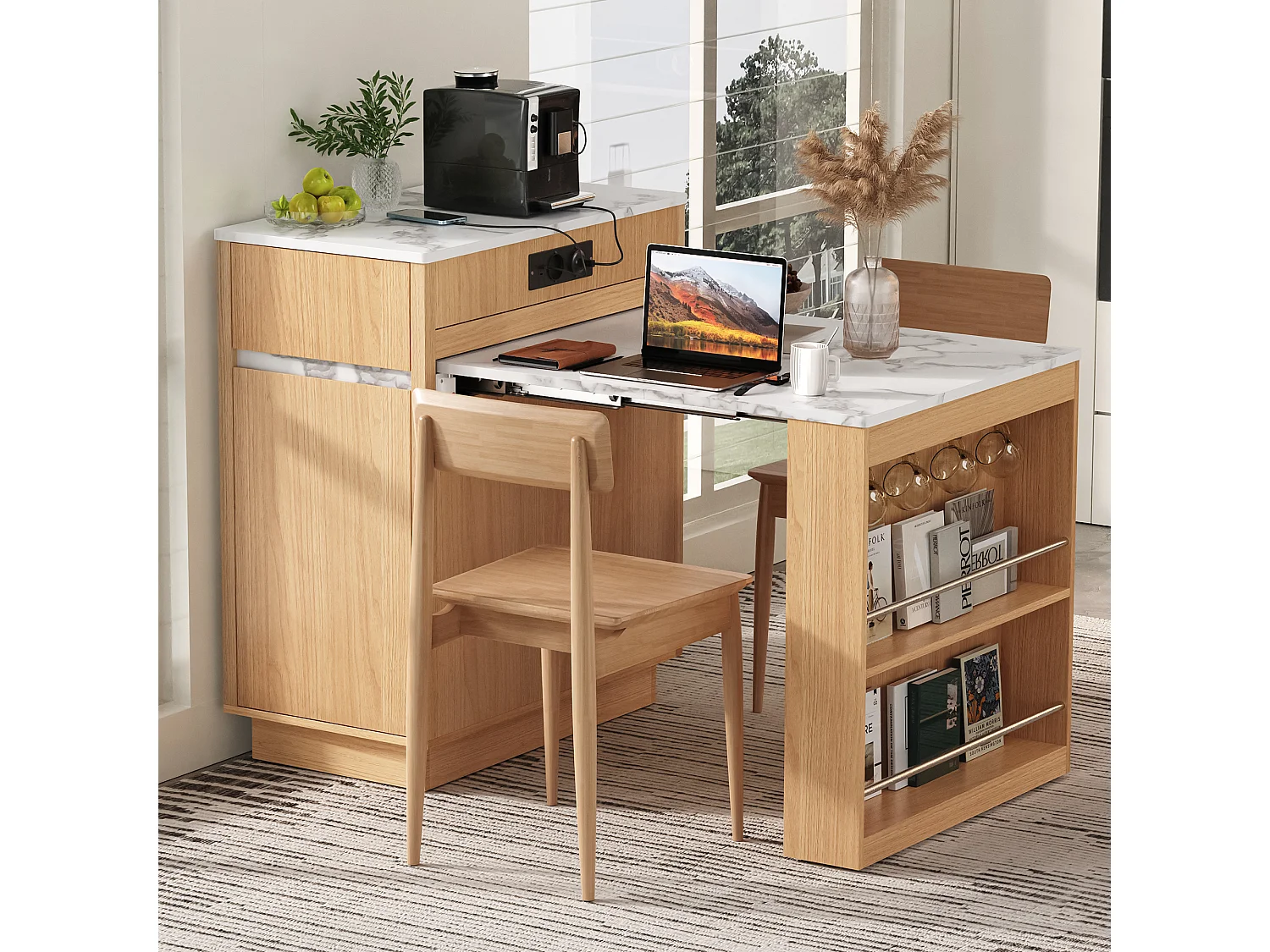 Isola cucina mobile estensibile con illuminazione a LED, stazione di ricarica, ganci, 1 anta e 2 cassetti – 58–154 x 80,5 x 94 cm – MDF – Naturale