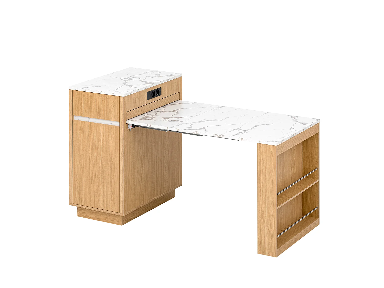 Isola cucina mobile estensibile con illuminazione a LED, stazione di ricarica, ganci, 1 anta e 2 cassetti – 58–154 x 80,5 x 94 cm – MDF – Naturale