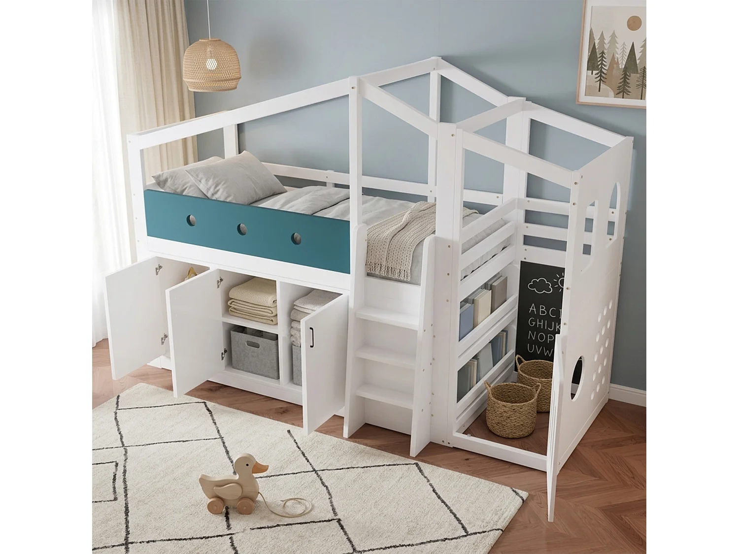 Medelhög loftsäng 90 x 200 cm med lekyta, 3 dörrar – Furu, plywood, MDF – Vit (Madrass ingår ej)
