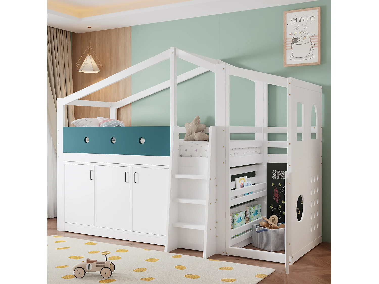 Medelhög loftsäng 90 x 200 cm med lekyta, 3 dörrar – Furu, plywood, MDF – Vit (Madrass ingår ej)
