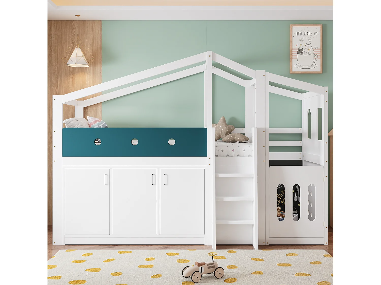 Medelhög loftsäng 90 x 200 cm med lekyta, 3 dörrar – Furu, plywood, MDF – Vit (Madrass ingår ej)