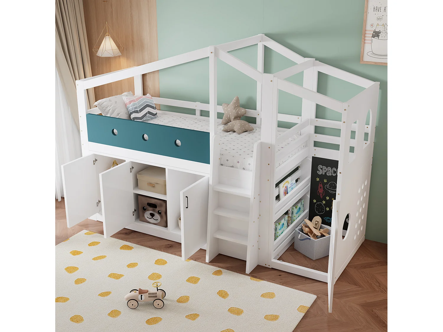Medelhög loftsäng 90 x 200 cm med lekyta, 3 dörrar – Furu, plywood, MDF – Vit (Madrass ingår ej)