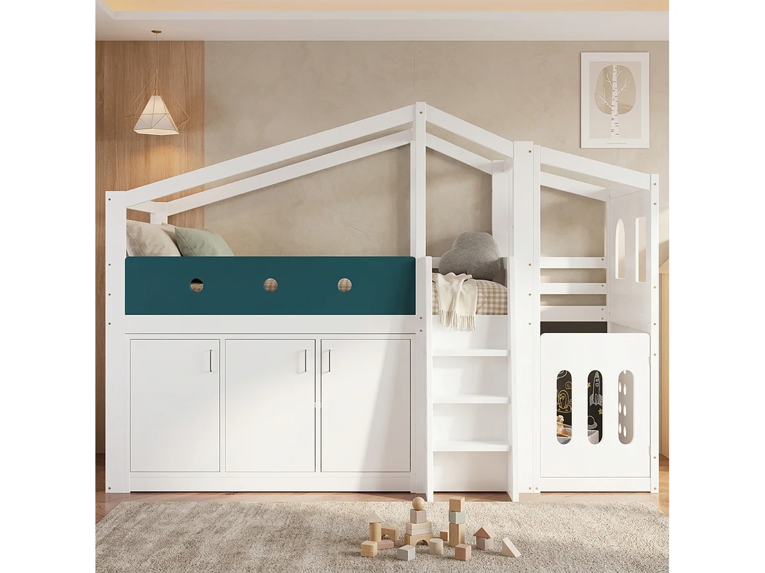 Medelhög loftsäng 90 x 200 cm med lekyta, 3 dörrar – Furu, plywood, MDF – Vit (Madrass ingår ej)