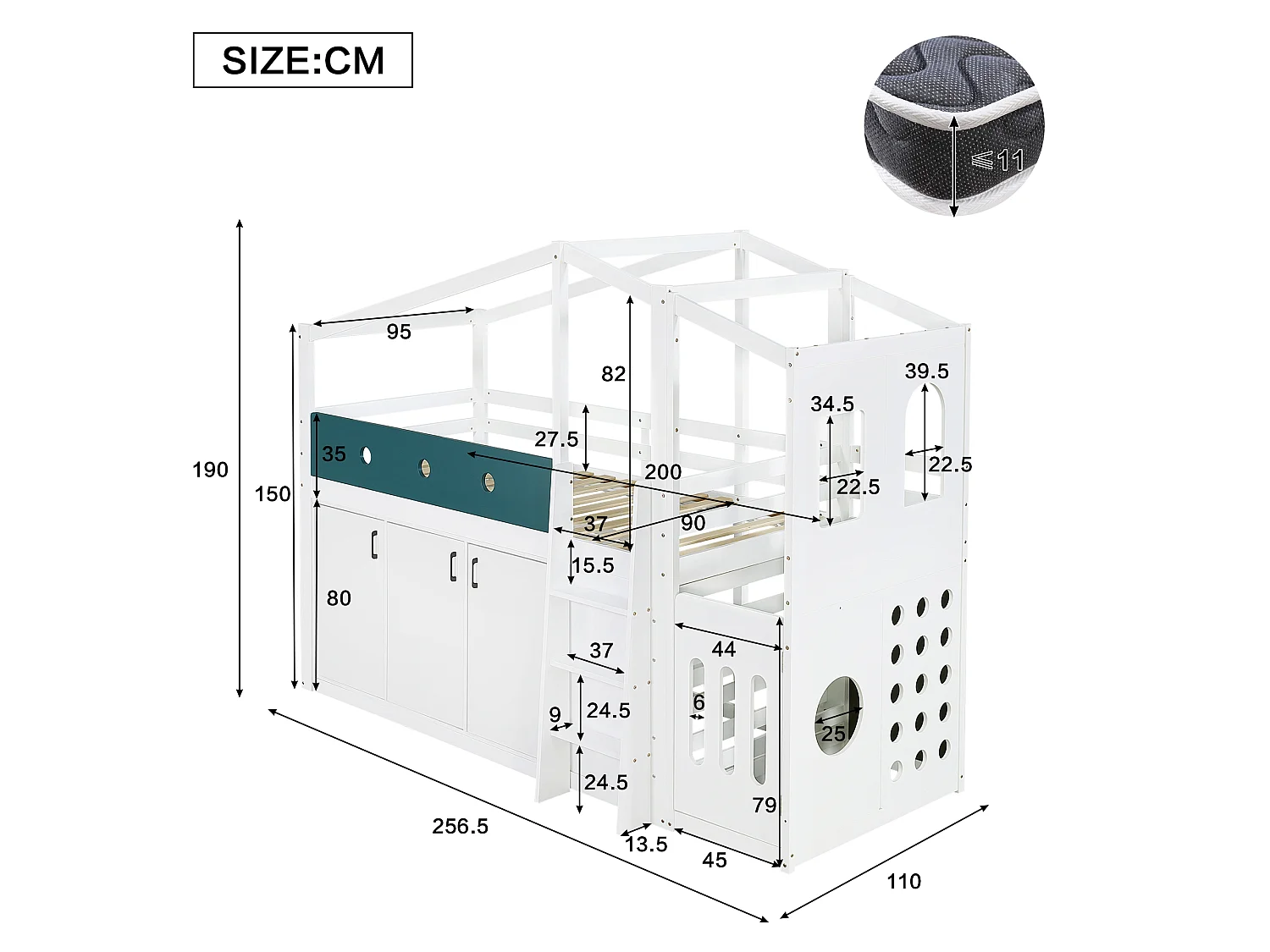 Medelhög loftsäng 90 x 200 cm med lekyta, 3 dörrar – Furu, plywood, MDF – Vit (Madrass ingår ej)