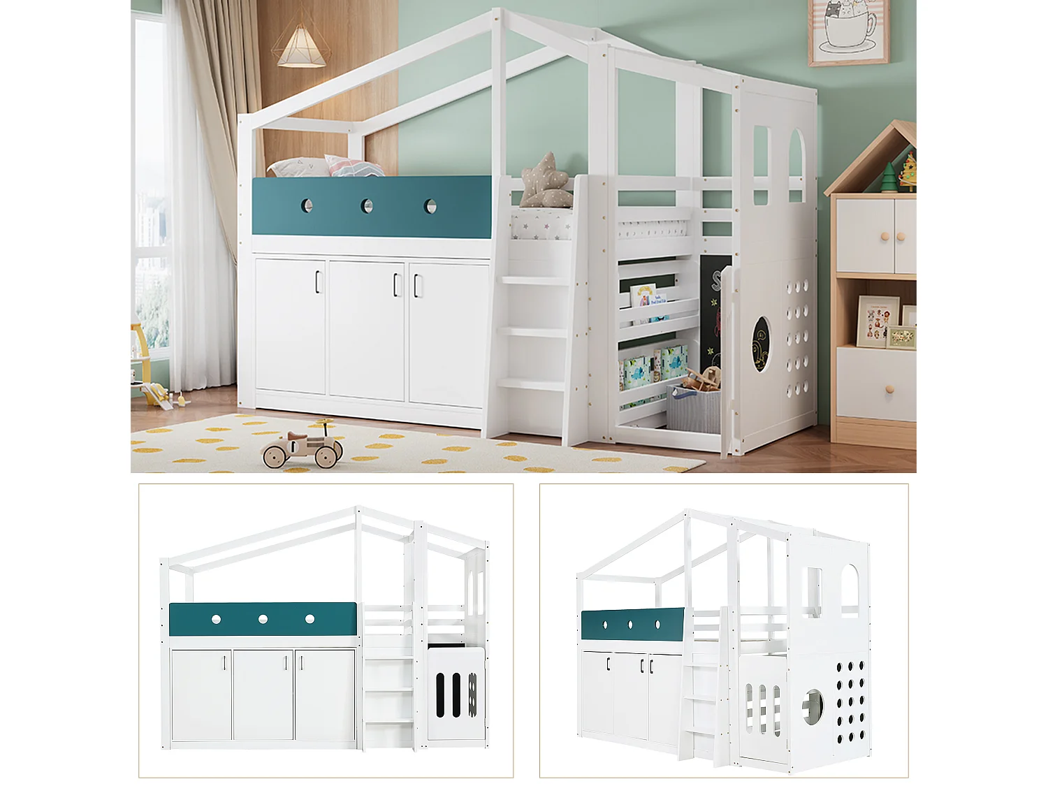 Medelhög loftsäng 90 x 200 cm med lekyta, 3 dörrar – Furu, plywood, MDF – Vit (Madrass ingår ej)