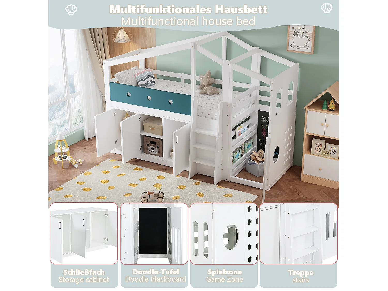 Medelhög loftsäng 90 x 200 cm med lekyta, 3 dörrar – Furu, plywood, MDF – Vit (Madrass ingår ej)