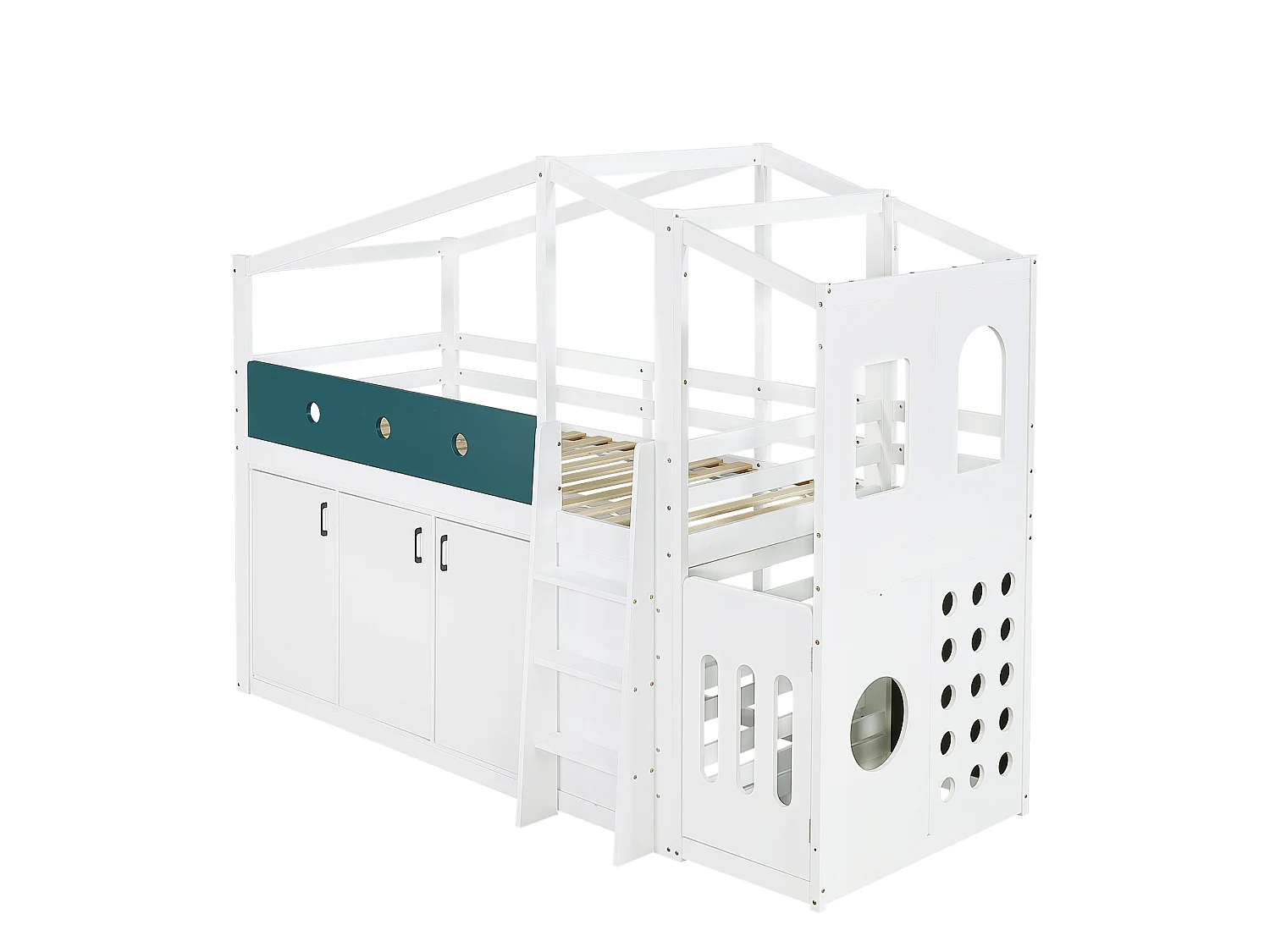 Medelhög loftsäng 90 x 200 cm med lekyta, 3 dörrar – Furu, plywood, MDF – Vit (Madrass ingår ej)