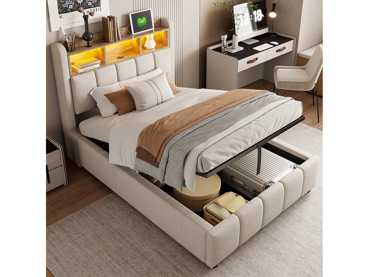 Lit coffre 90 x 200 cm avec rangement tête de lit, USB Type-C et LED - Lin - Beige (Avec matelas)