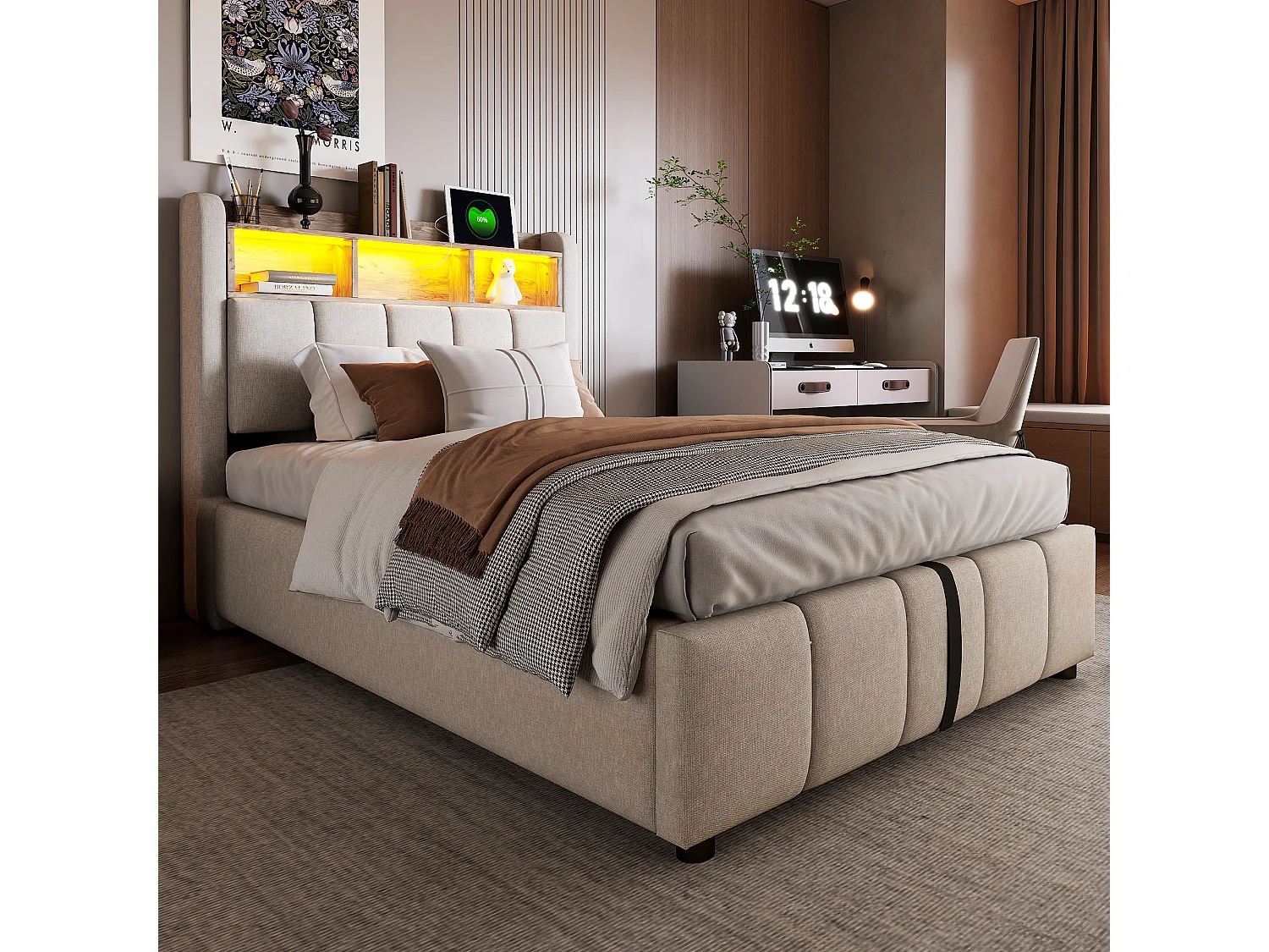 Lit coffre 90 x 200 cm avec rangement tête de lit, USB Type-C et LED - Lin - Beige (Avec matelas)