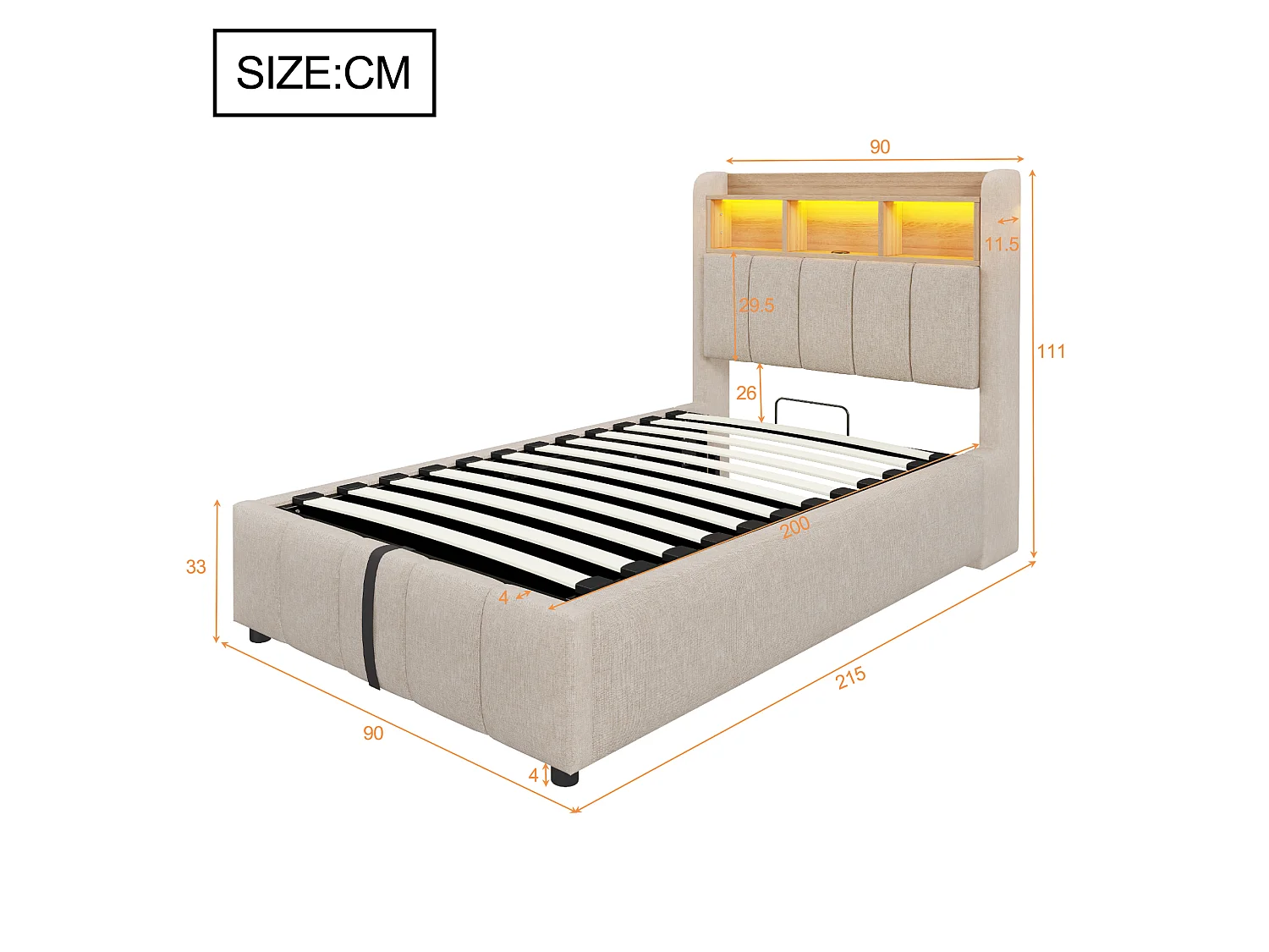 Lit coffre 90 x 200 cm avec rangement tête de lit, USB Type-C et LED - Lin - Beige (Avec matelas)